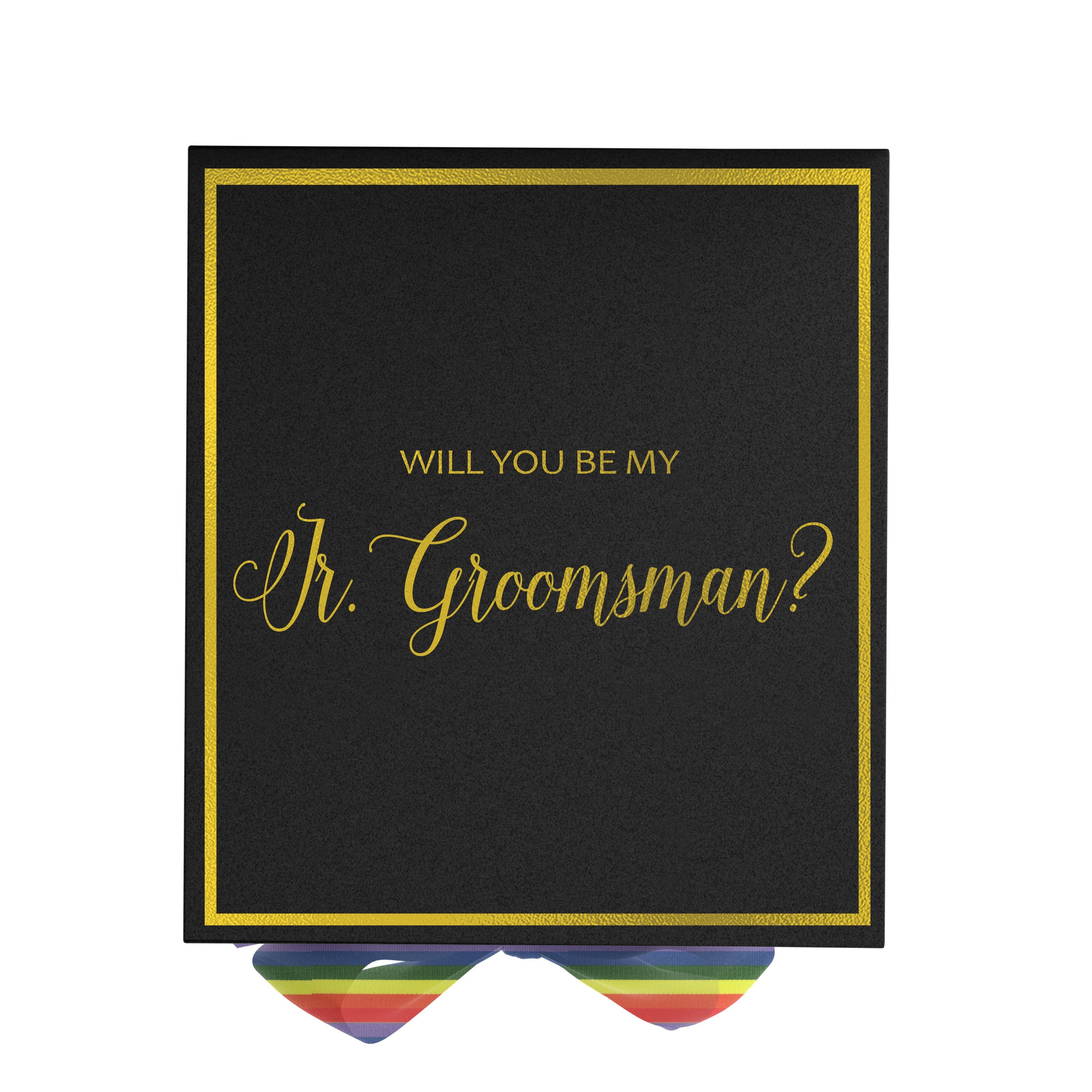 Elegant black proposal box with metallic writing and rainbow bow, perfect for junior groomsman invitation.
