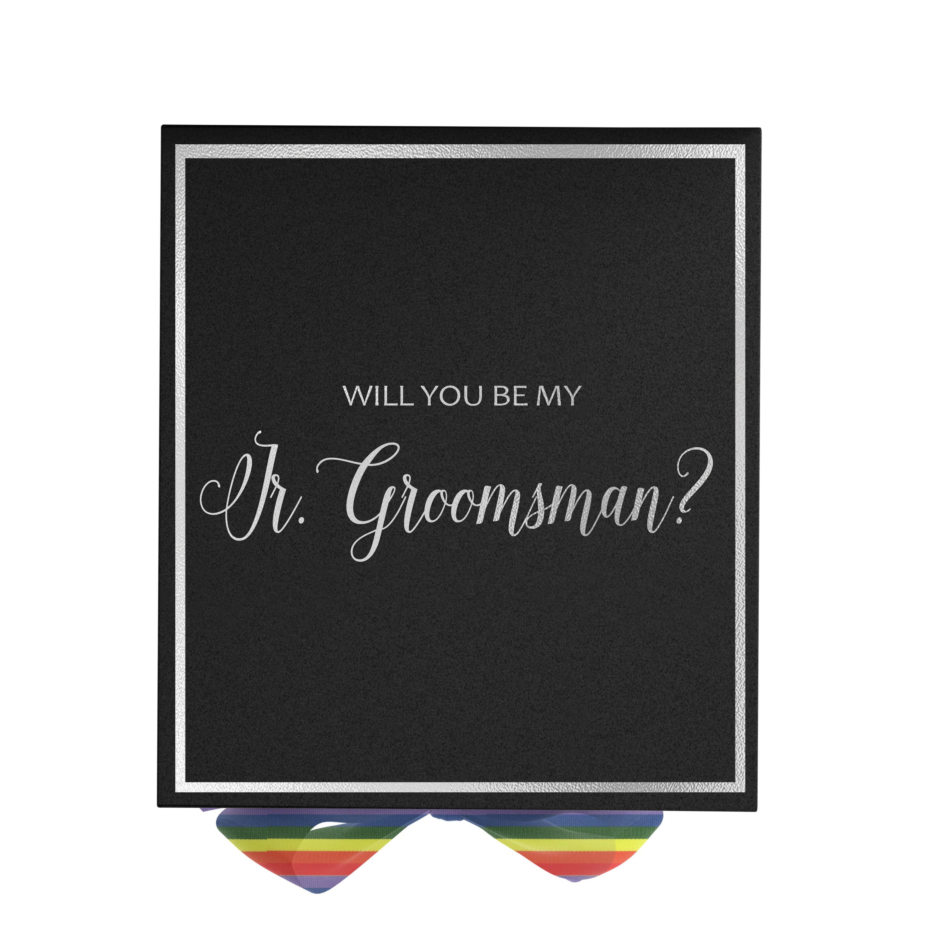 Elegant black proposal box with metallic writing and rainbow bow, perfect for junior groomsman invitation.