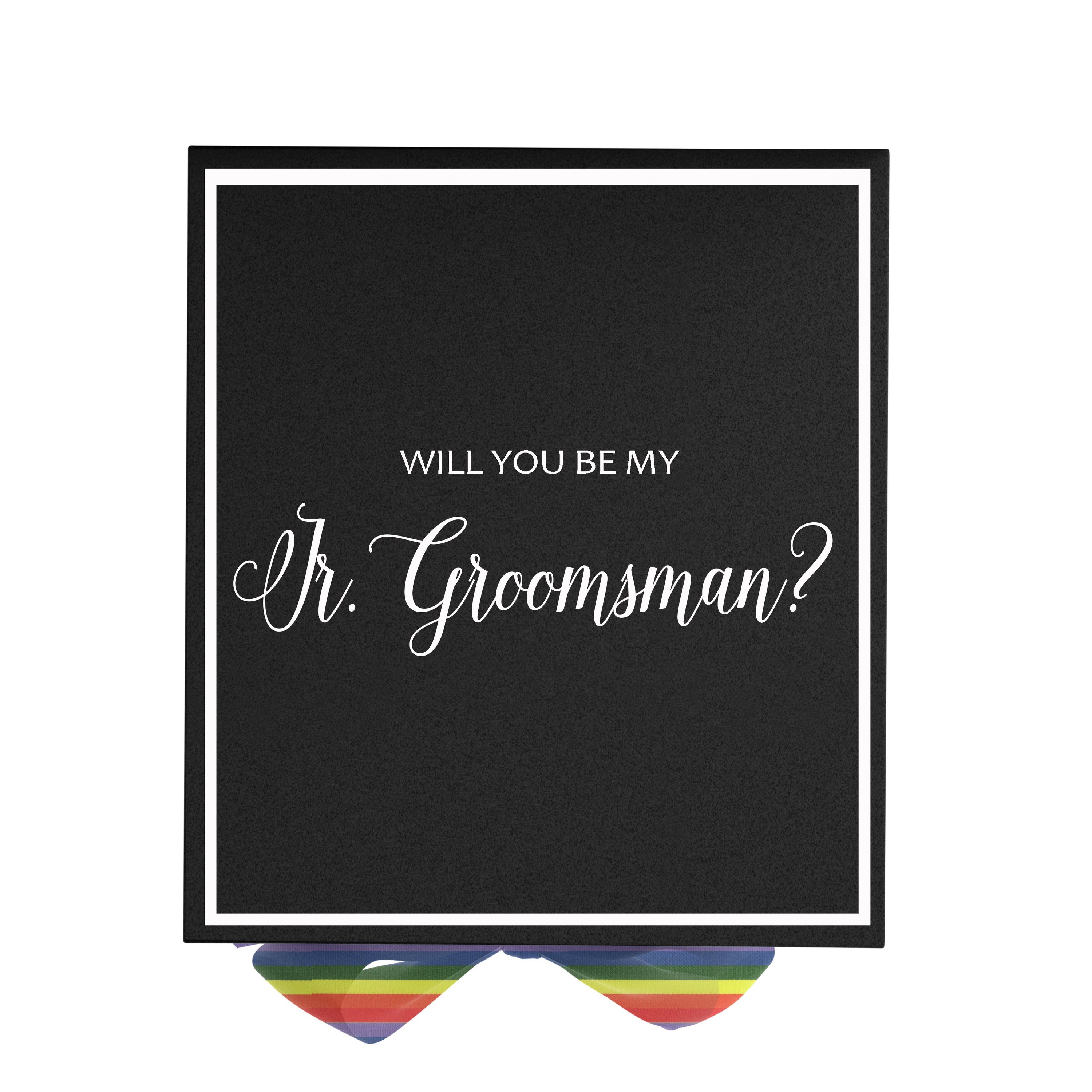 Elegant black proposal box with metallic writing and rainbow bow, perfect for junior groomsman invitation.