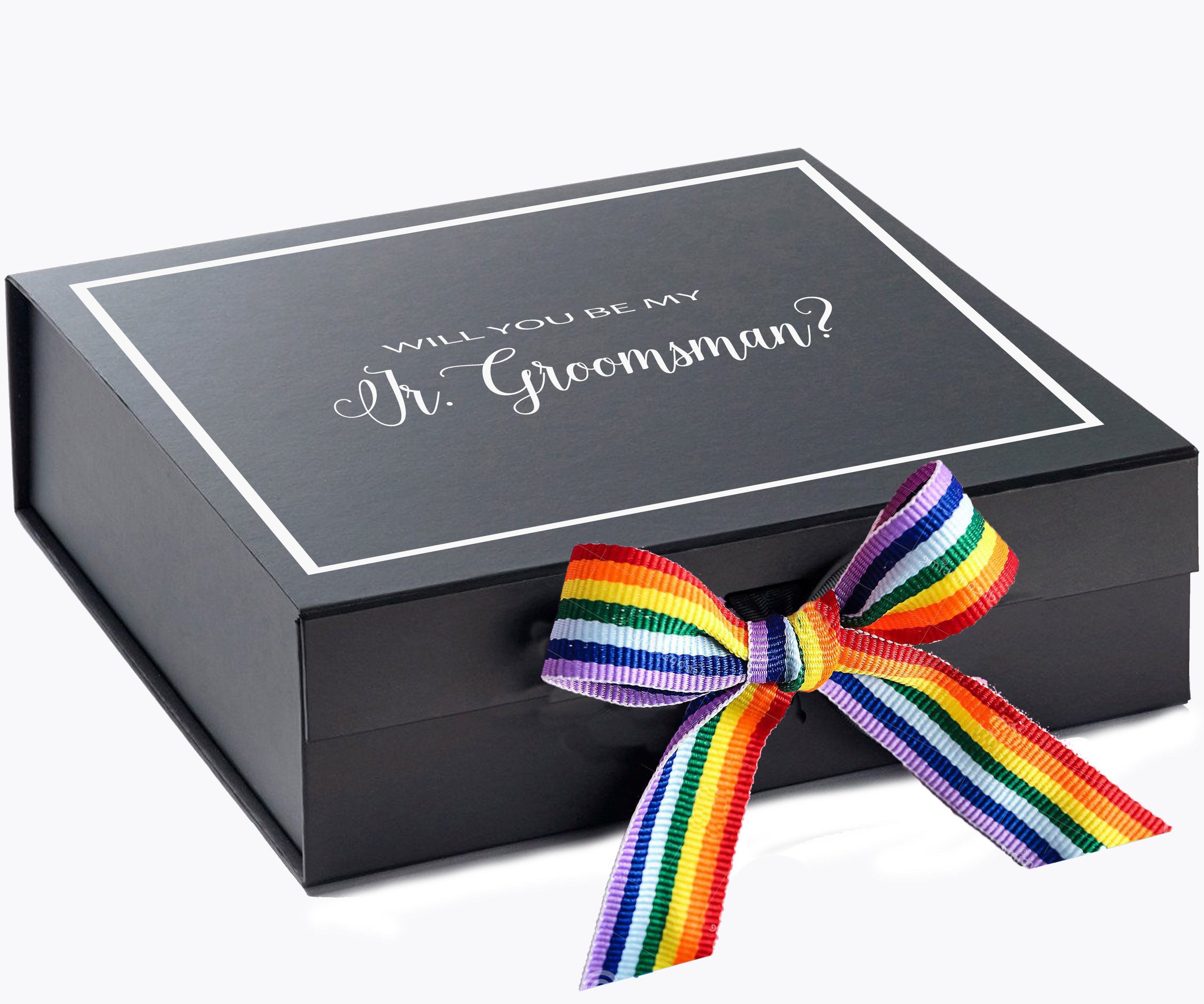 Elegant black proposal box with metallic writing and rainbow bow, perfect for junior groomsman invitation.