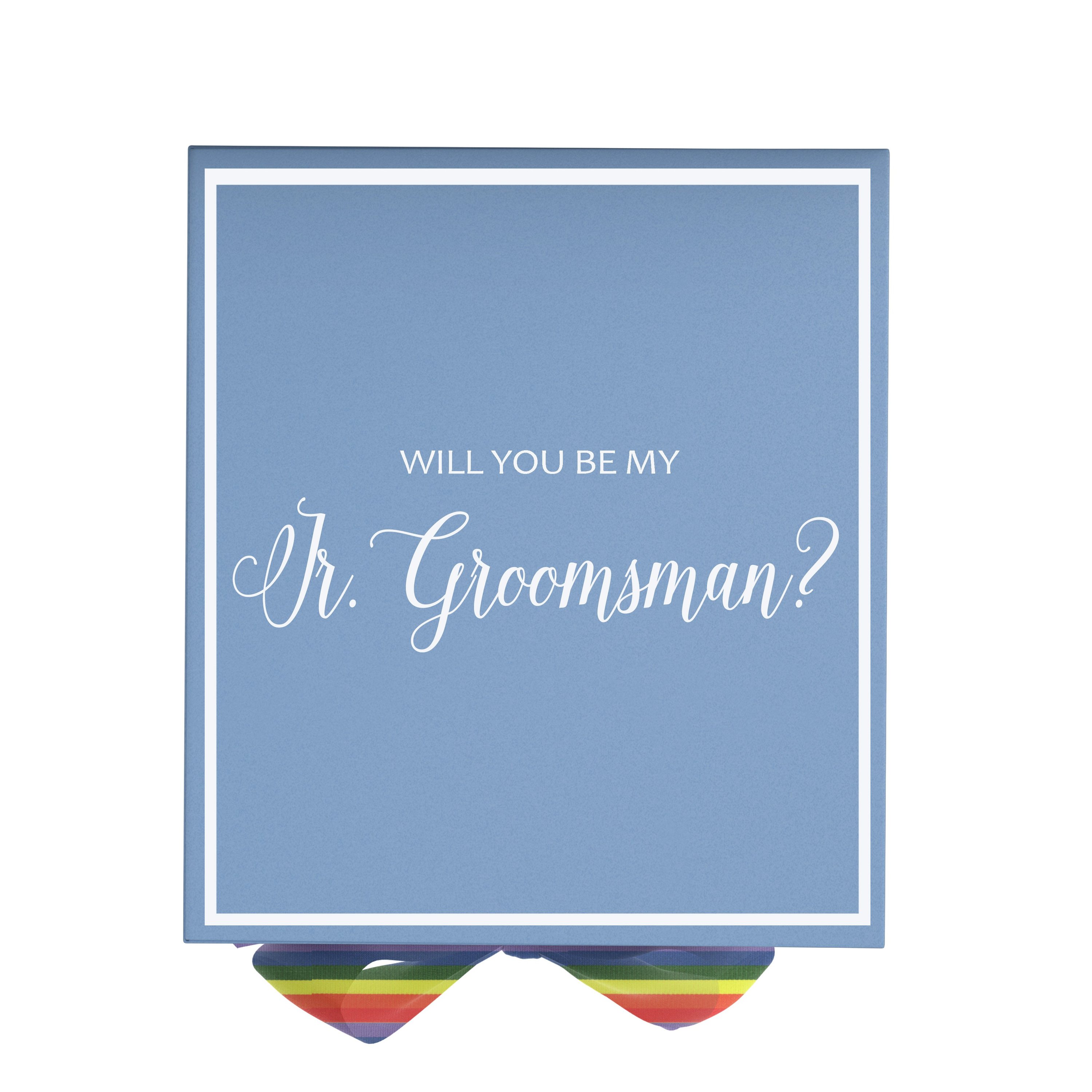 Light blue proposal box with metallic writing and rainbow bow, perfect for asking a junior groomsman.