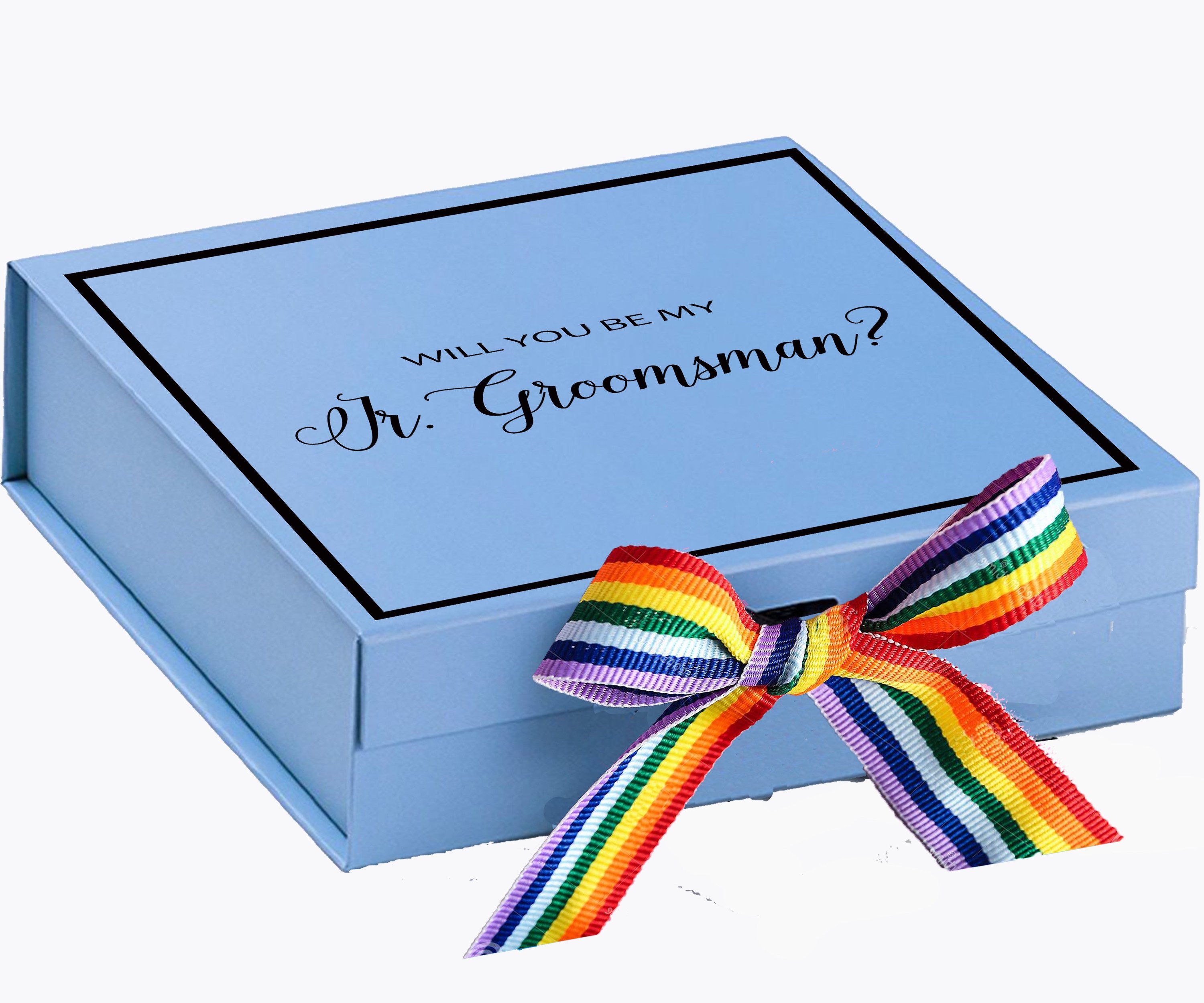 Light blue proposal box with metallic writing and rainbow bow, perfect for asking a junior groomsman.