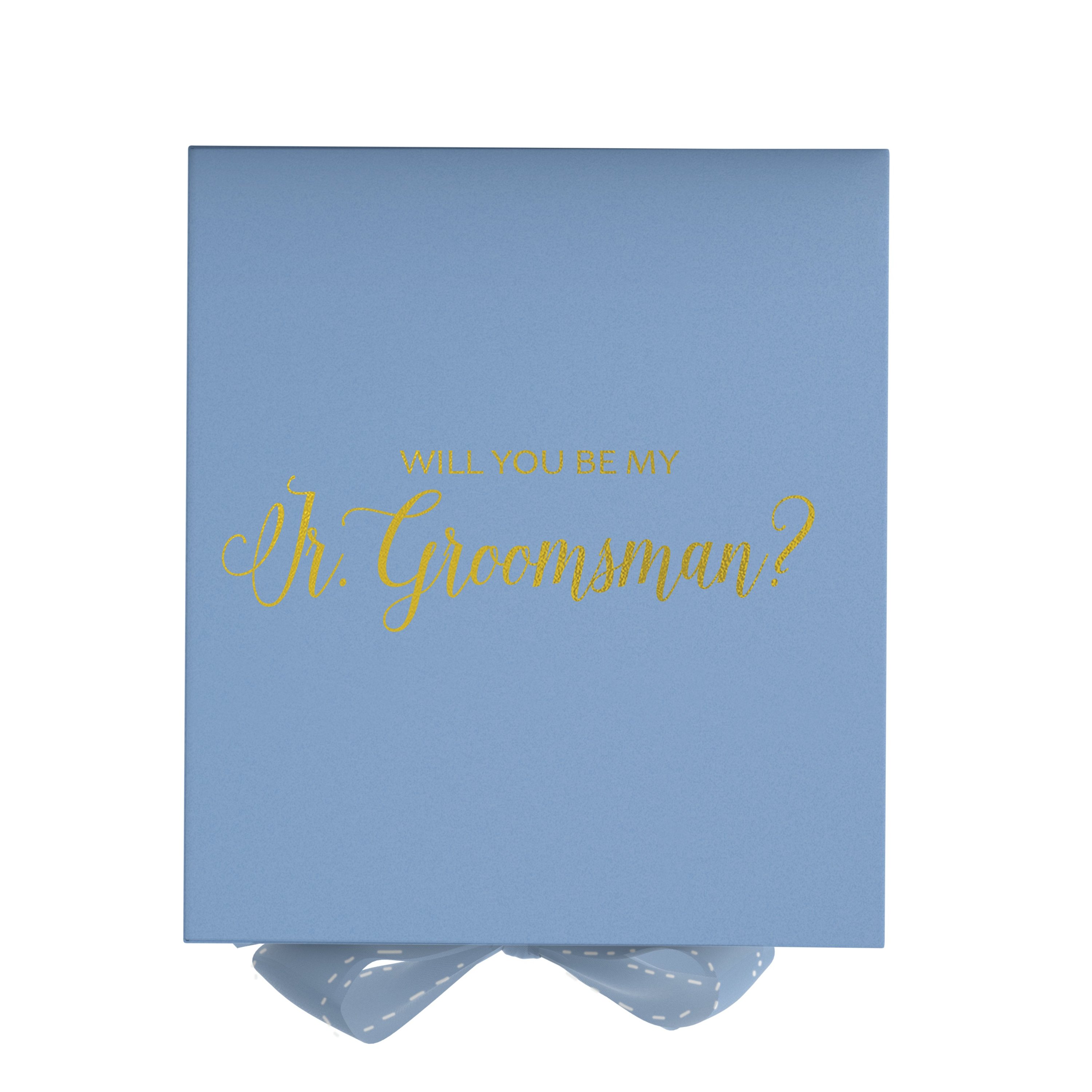 Light blue proposal box for junior groomsman with metallic writing and bow, showcasing elegant design and secure closure.