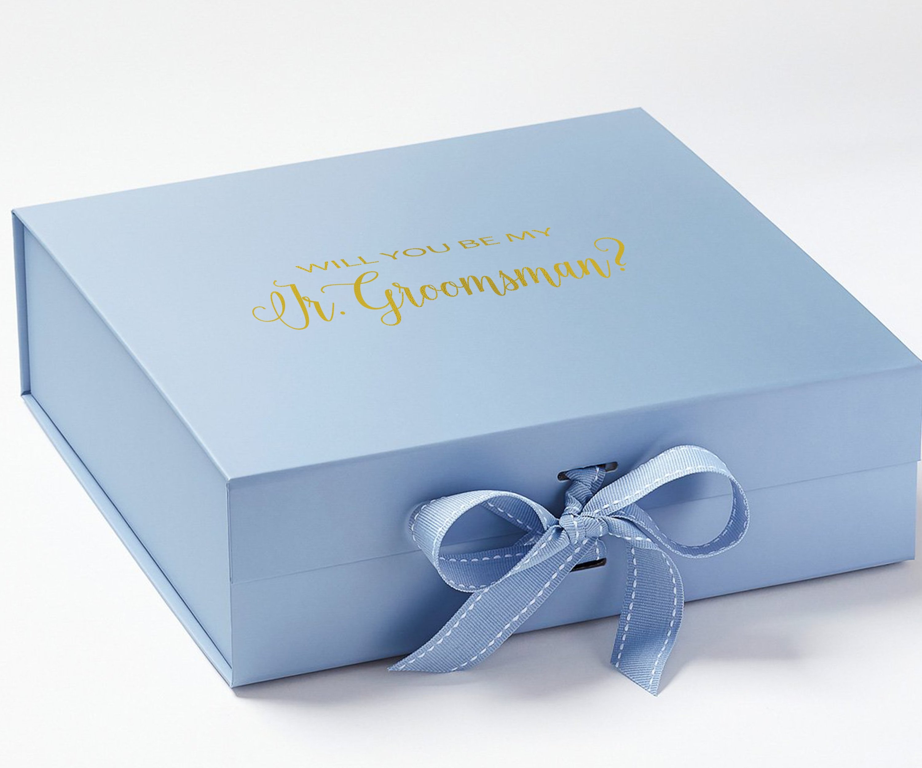 Light blue proposal box for junior groomsman with metallic writing and bow, showcasing elegant design and secure closure.