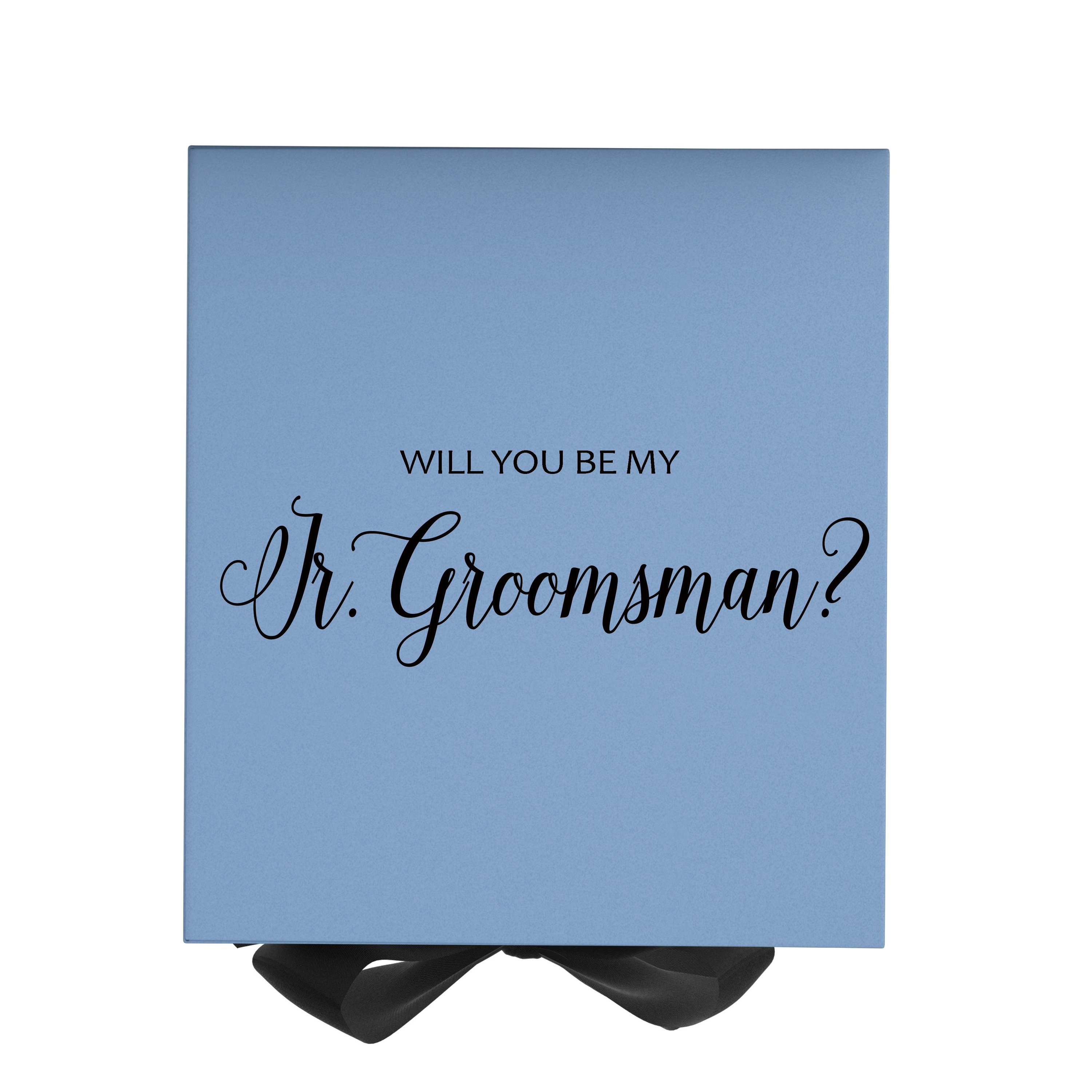 Light blue proposal box with black bow and metallic writing, perfect for junior groomsman gifts.