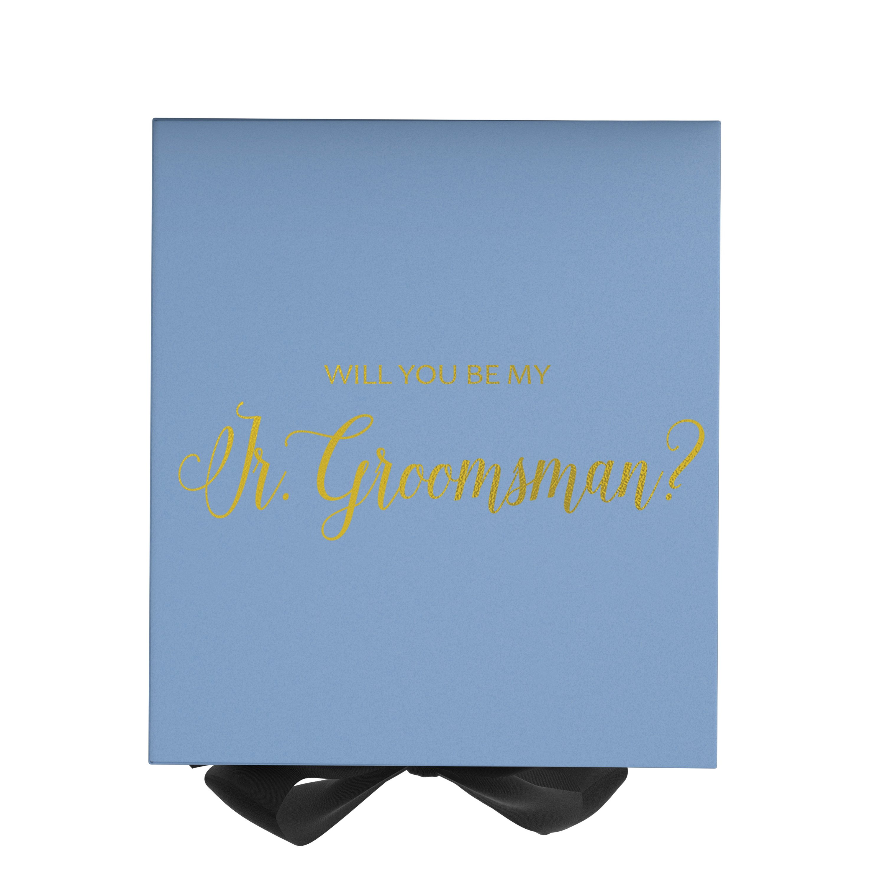 Light blue proposal box with black bow and metallic writing, perfect for junior groomsman gifts.