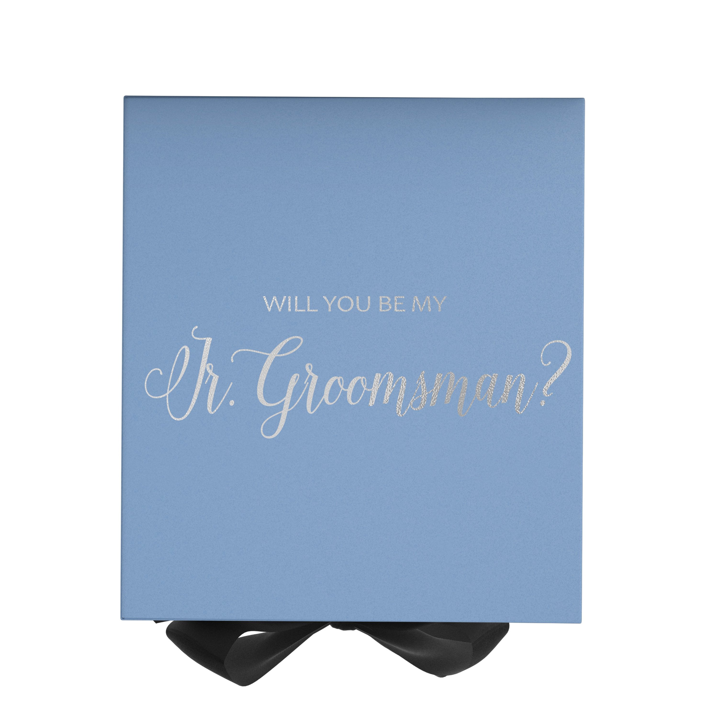 Light blue proposal box with black bow and metallic writing, perfect for junior groomsman gifts.
