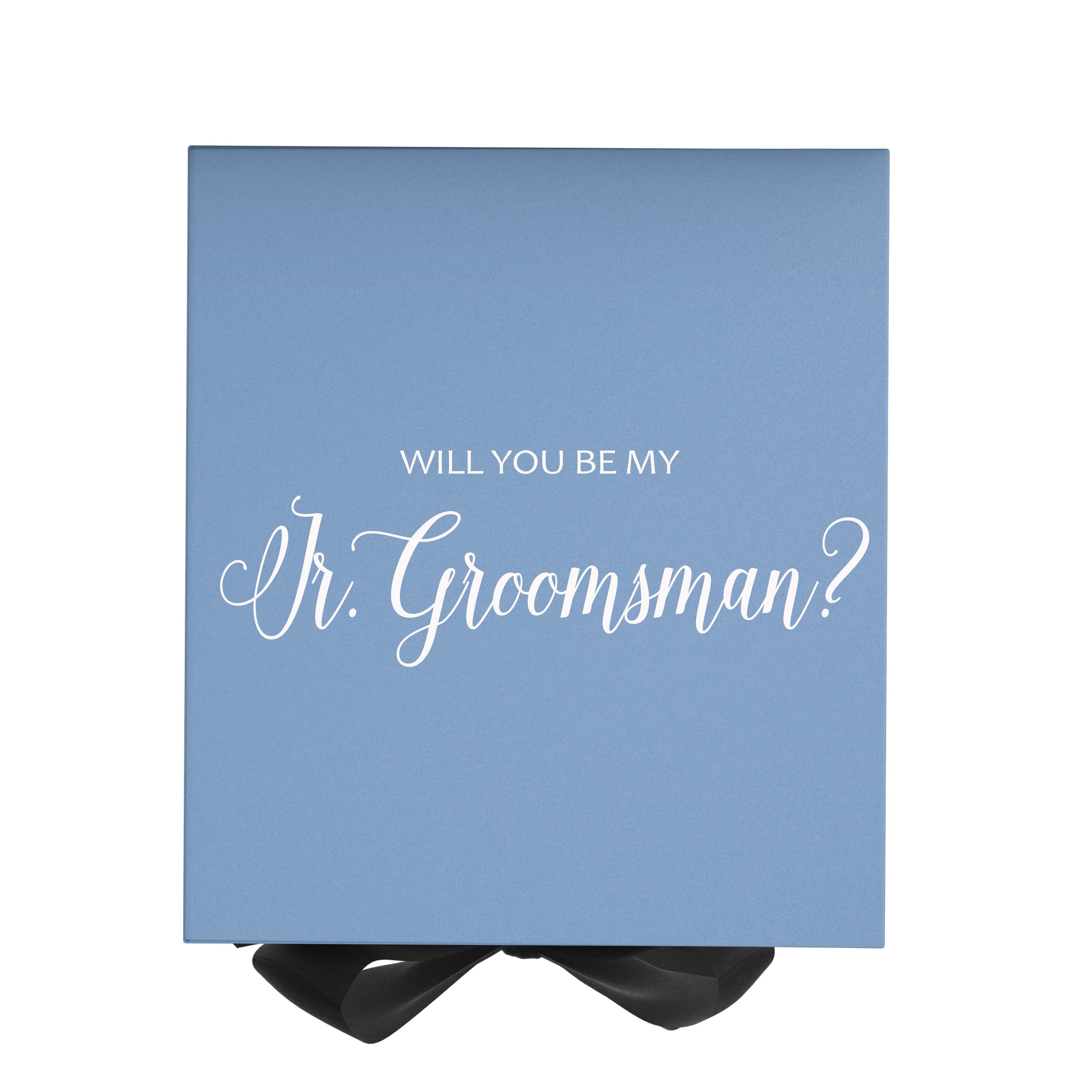 Light blue proposal box with black bow and metallic writing, perfect for junior groomsman gifts.