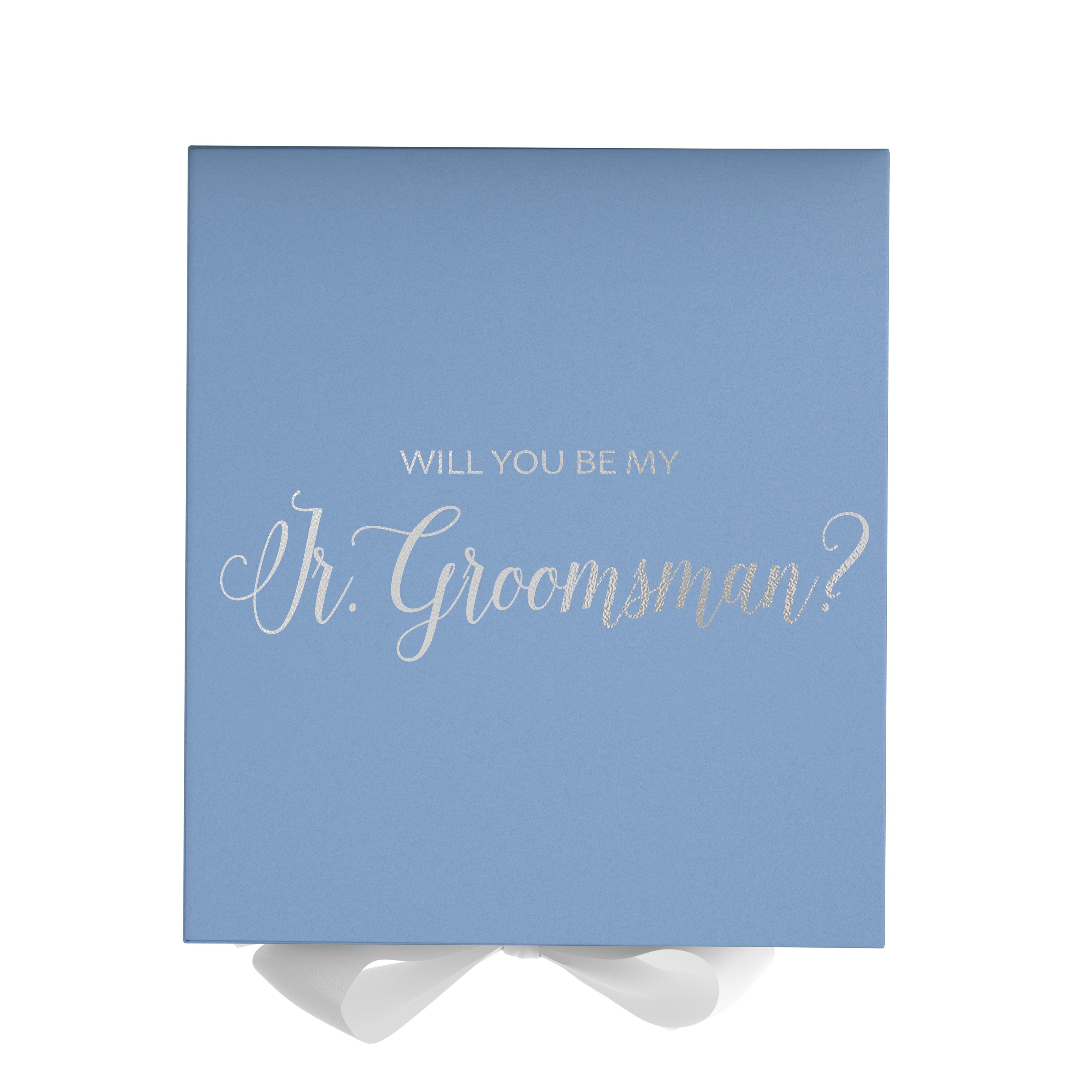 Light blue proposal box with white bow and metallic writing, perfect for junior groomsman gifts.
