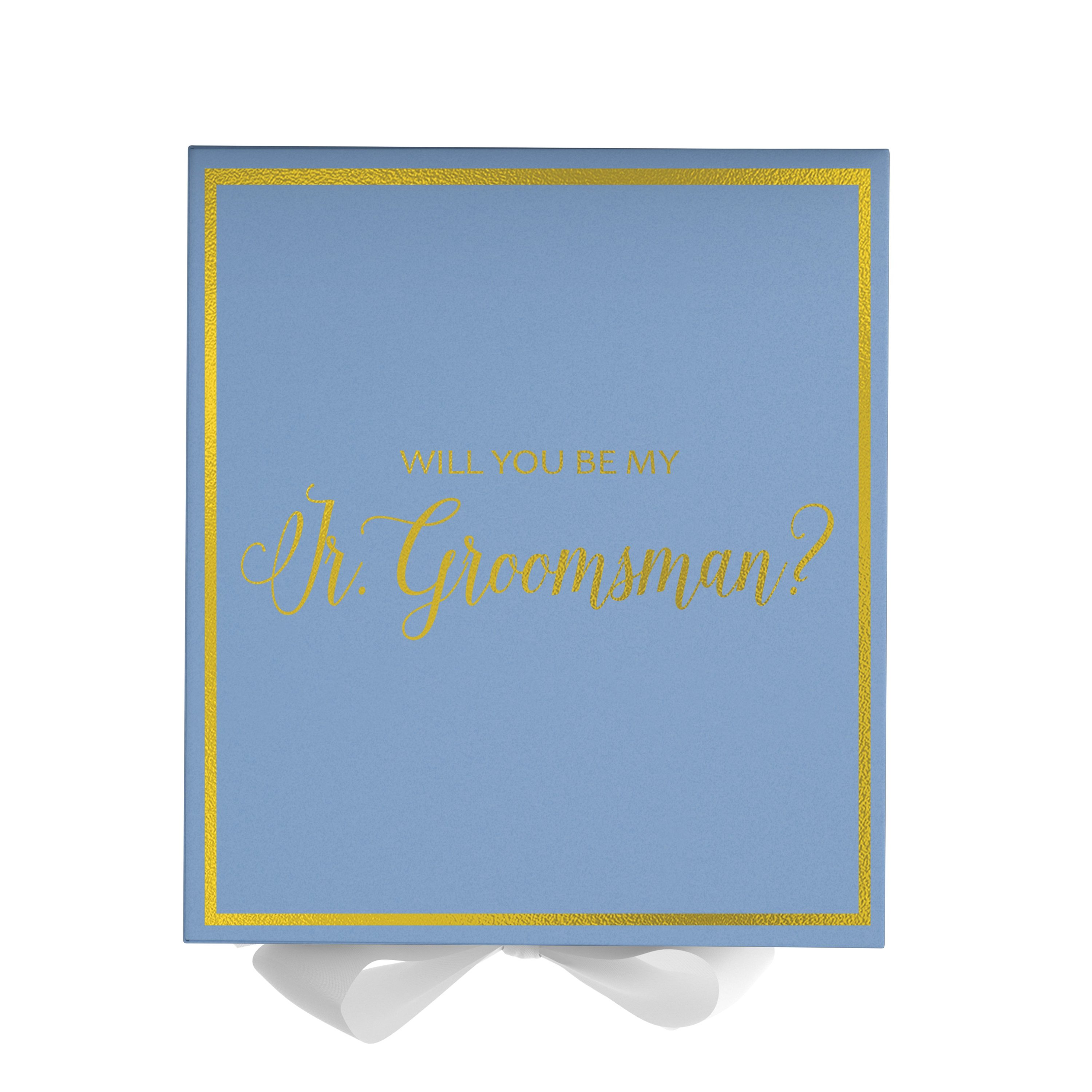 Light blue proposal box with white bow and metallic writing, perfect for asking a junior groomsman.