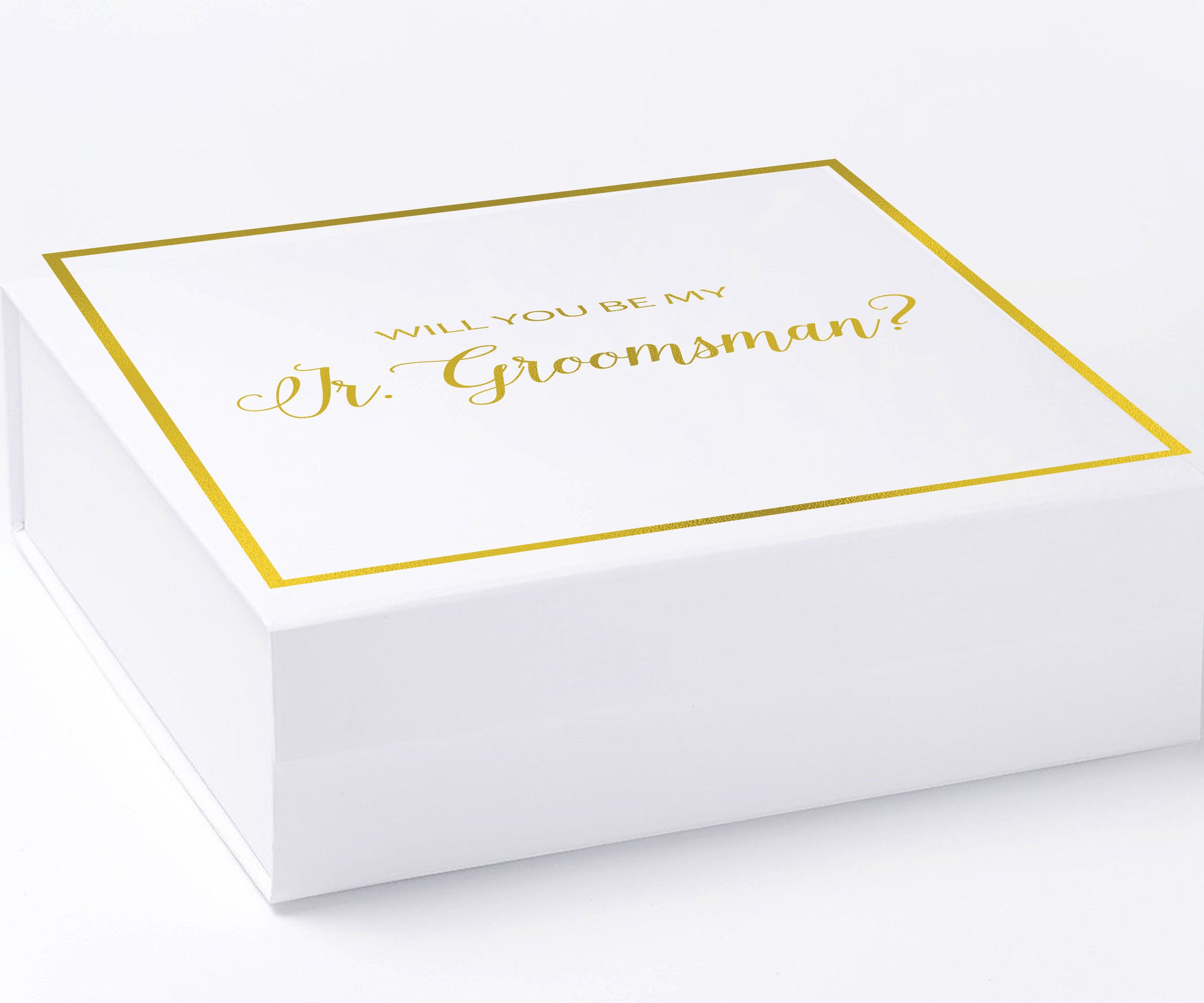 Elegant white proposal box for junior groomsman with metallic writing on the lid, showcasing a modern design without ribbon.