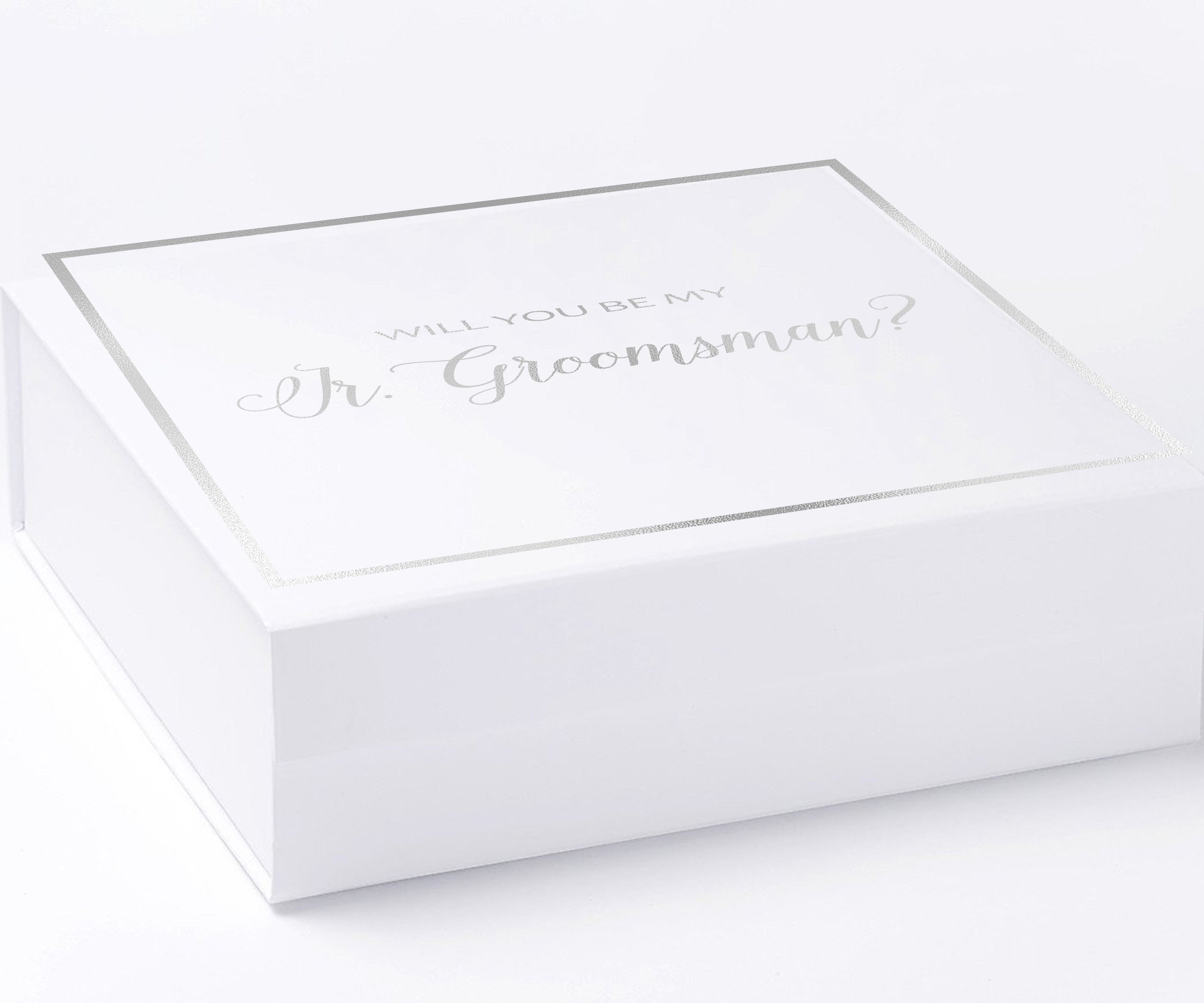 Elegant white proposal box for junior groomsman with metallic writing on the lid, showcasing a modern design without ribbon.