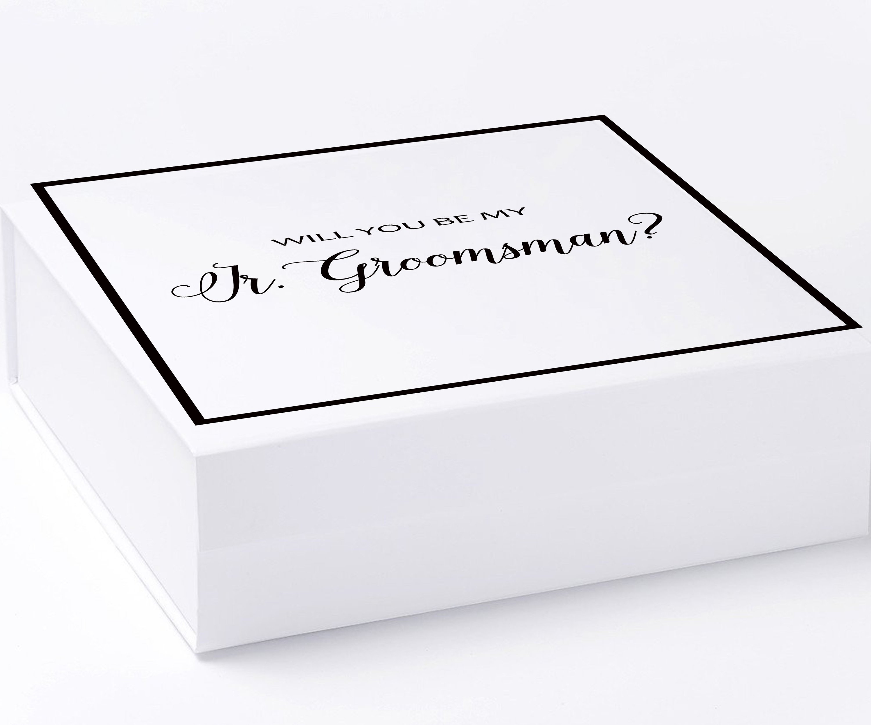 Elegant white proposal box for junior groomsman with metallic writing on the lid, showcasing a modern design without ribbon.