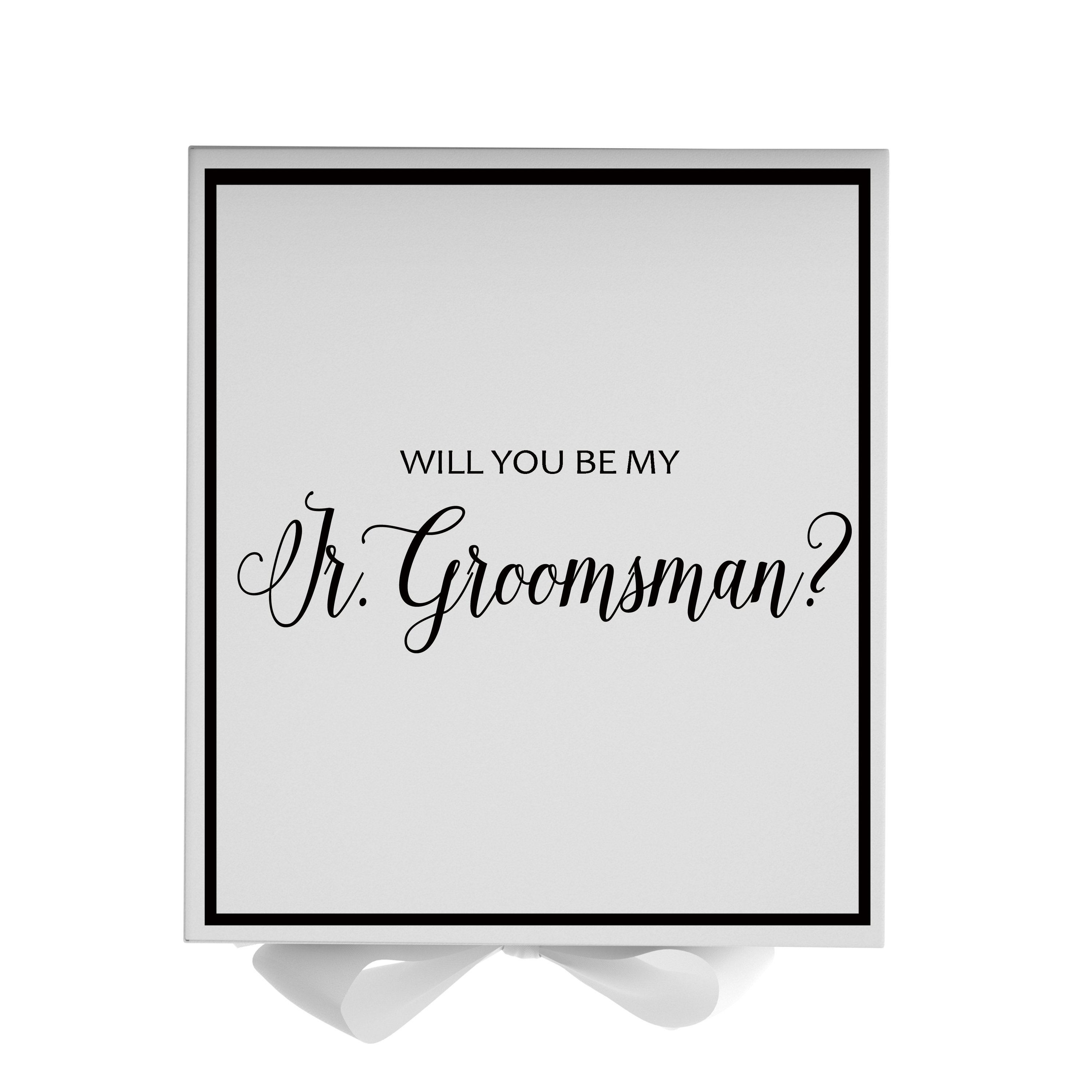 Elegant white proposal box for junior groomsman with metallic writing and a white bow, showcasing its luxurious design.