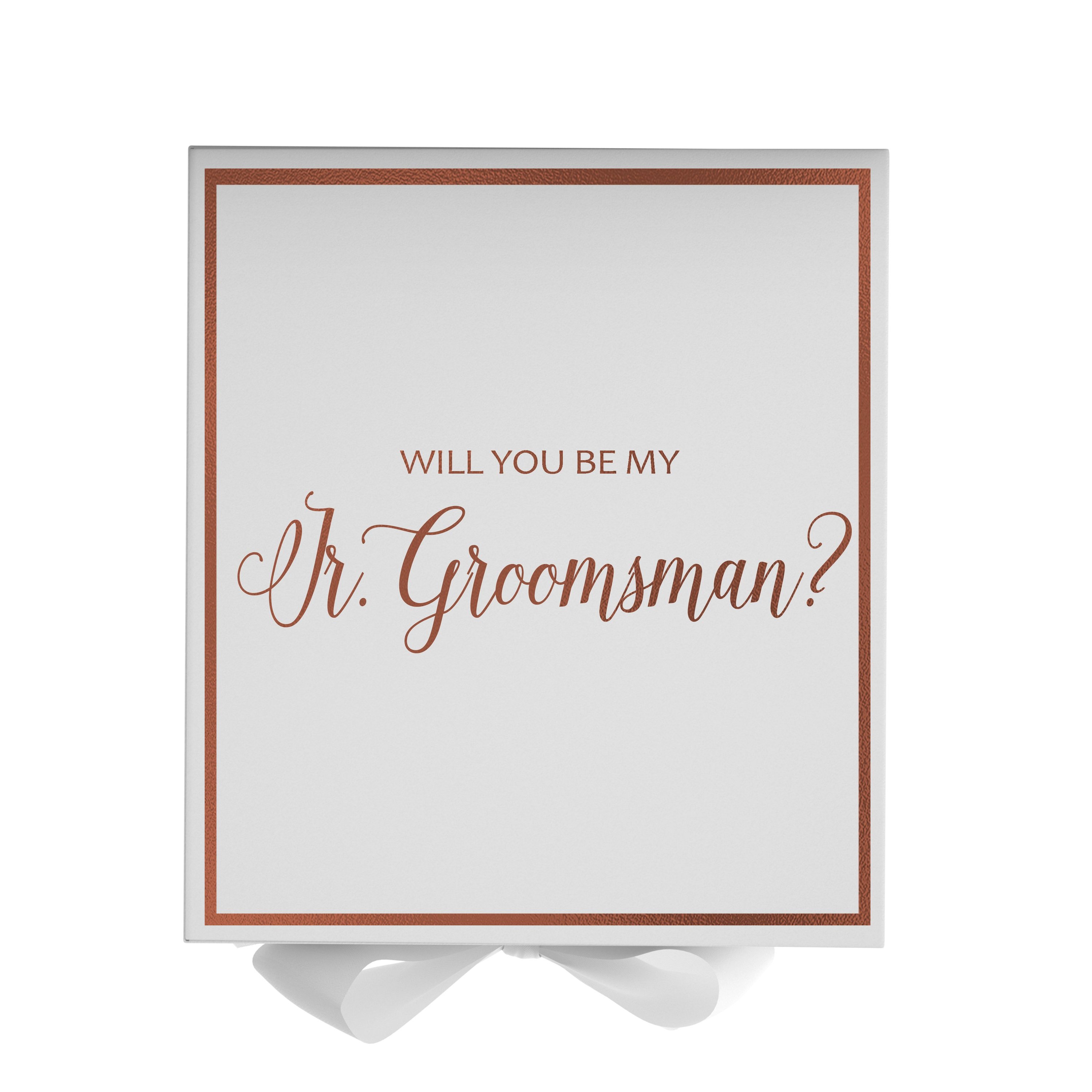Elegant white proposal box for junior groomsman with metallic writing and a white bow, showcasing its luxurious design.