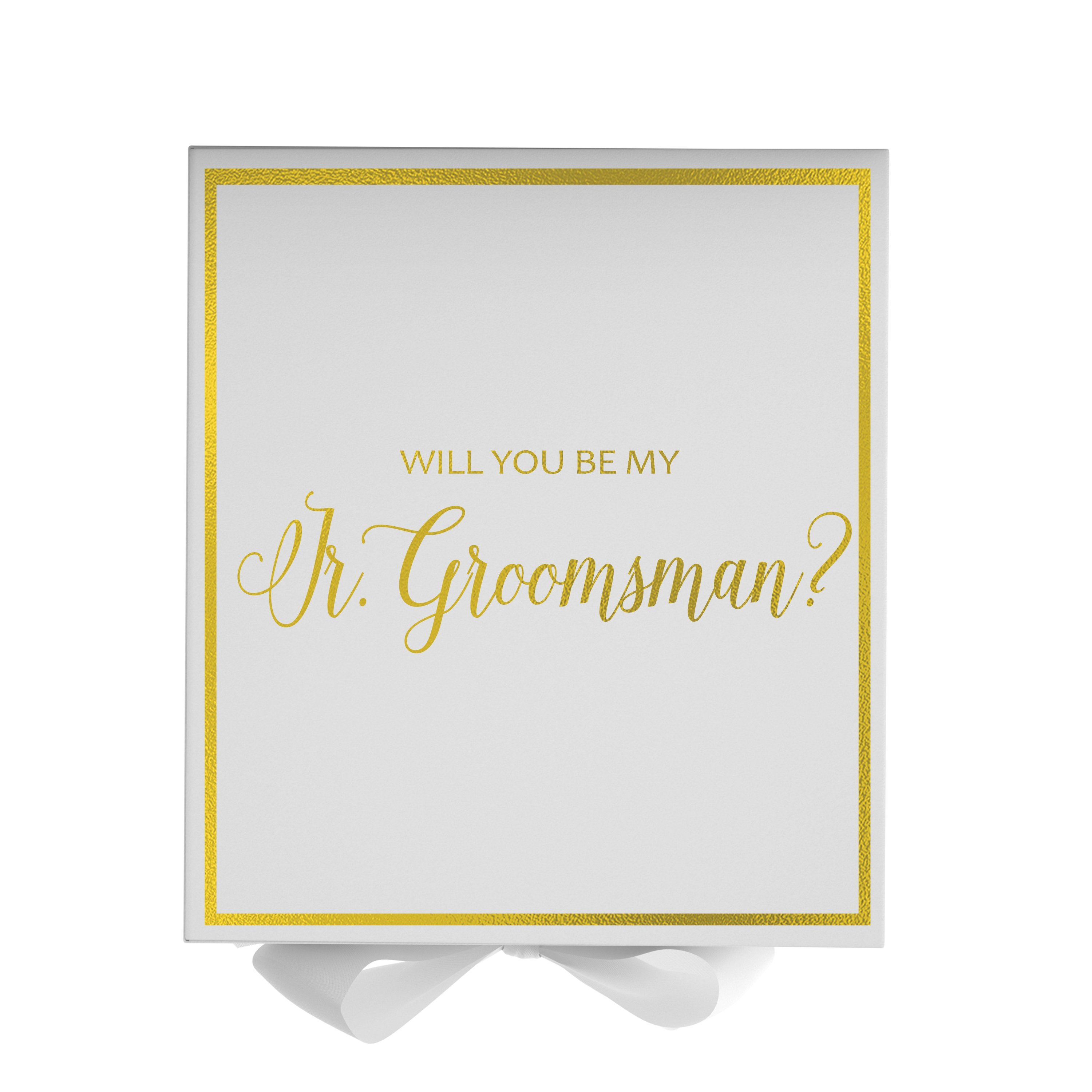 Elegant white proposal box for junior groomsman with metallic writing and a white bow, showcasing its luxurious design.
