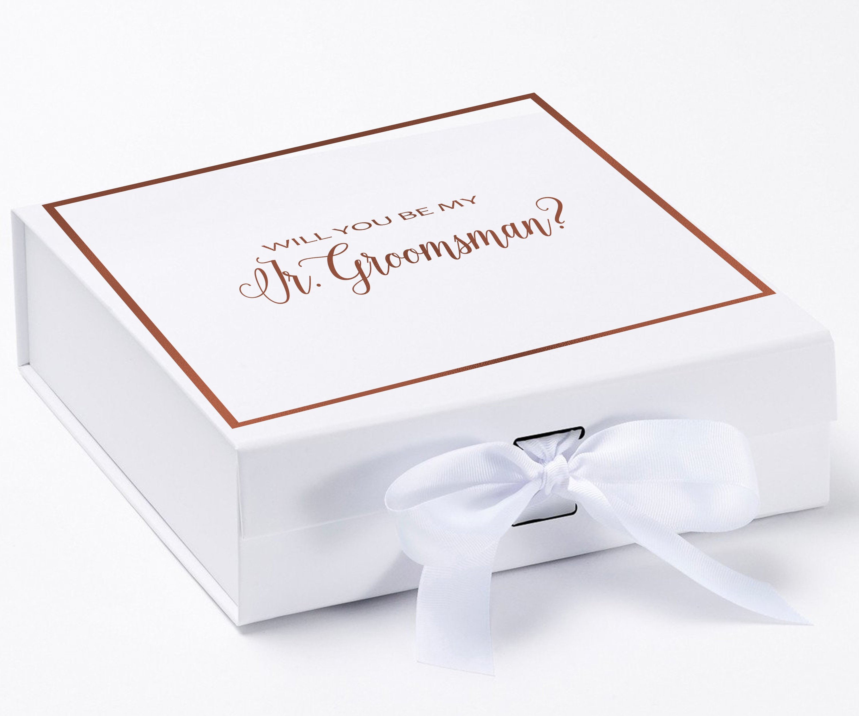 Elegant white proposal box for junior groomsman with metallic writing and a white bow, showcasing its luxurious design.