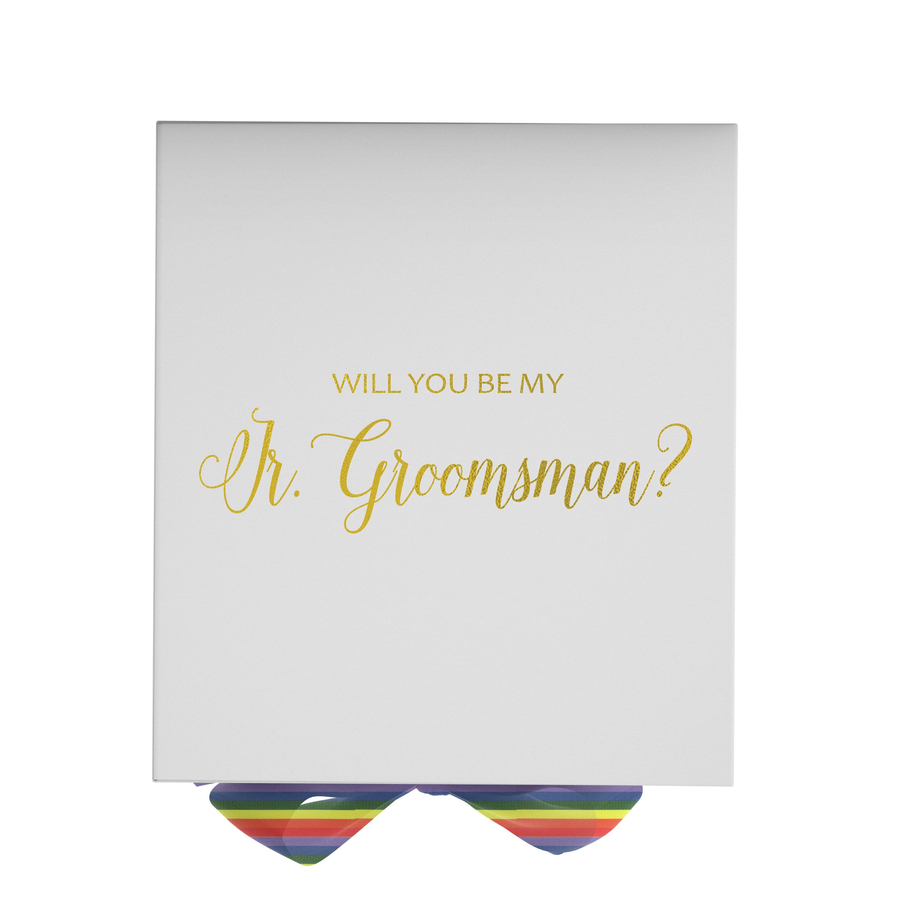 Elegant white proposal box with metallic writing and rainbow bow, designed for junior groomsman proposal.