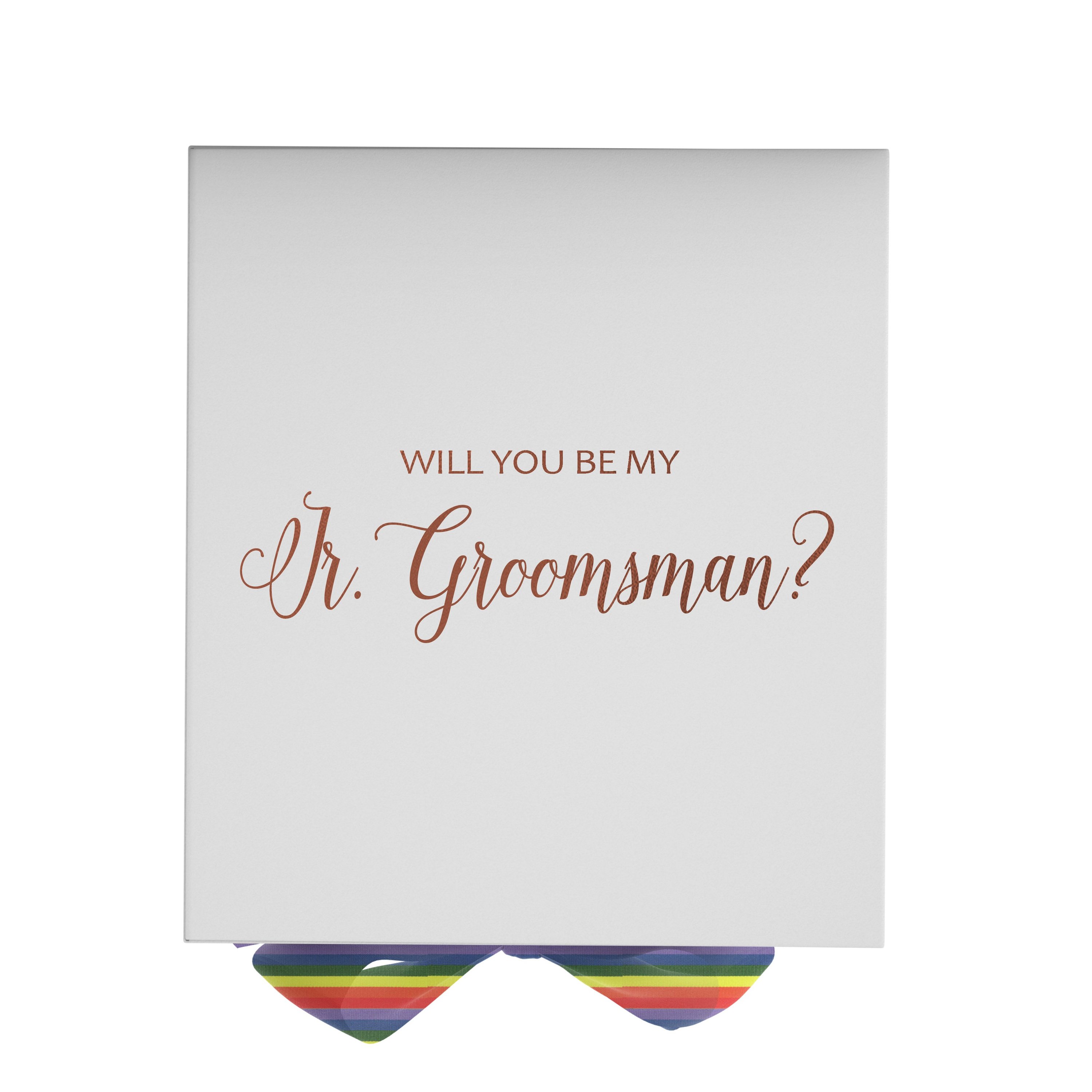 Elegant white proposal box with metallic writing and rainbow bow, designed for junior groomsman proposal.