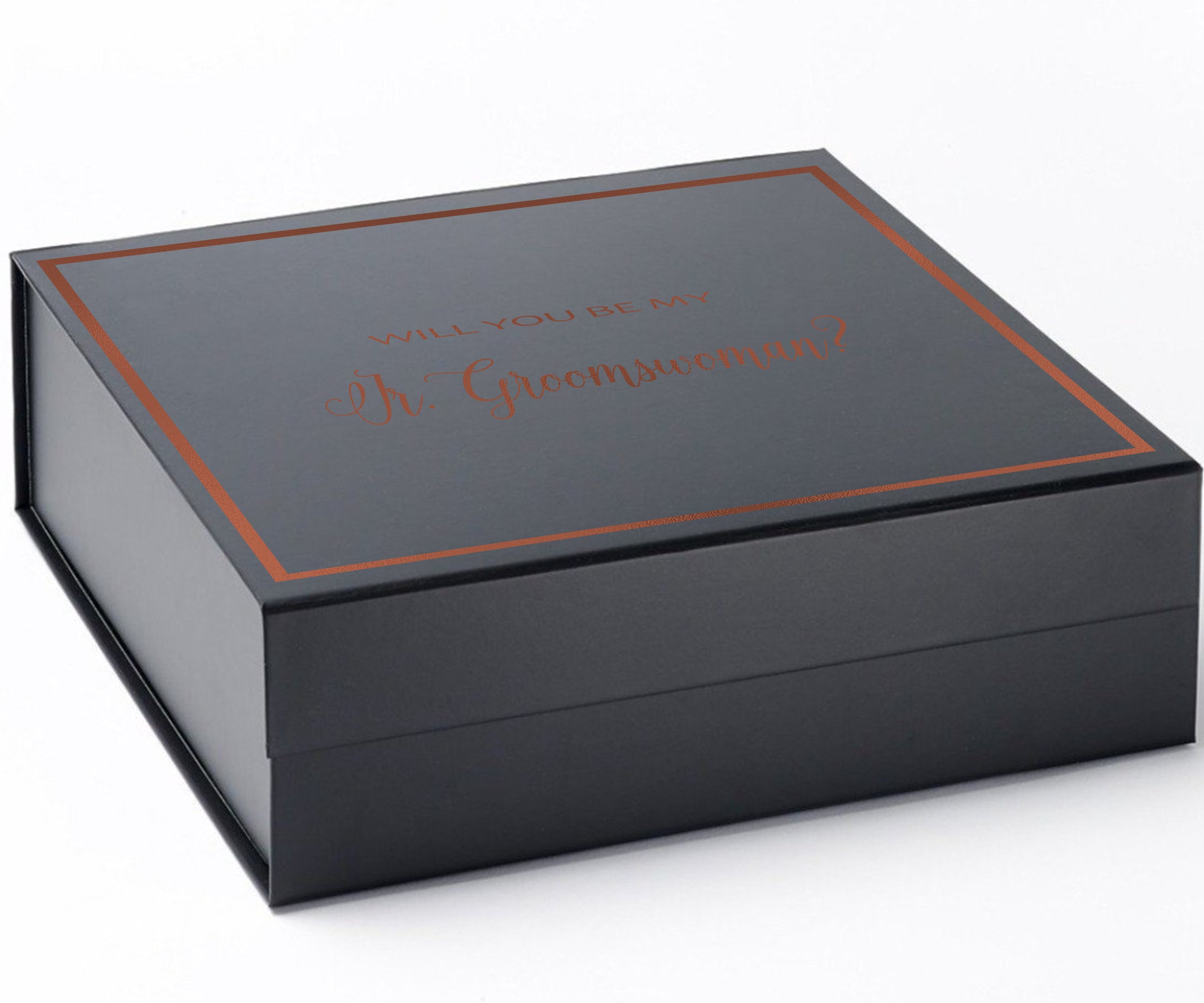Elegant black proposal box with metallic writing asking 'Will You Be My Jr Groomswoman?' showcasing a luxurious design.