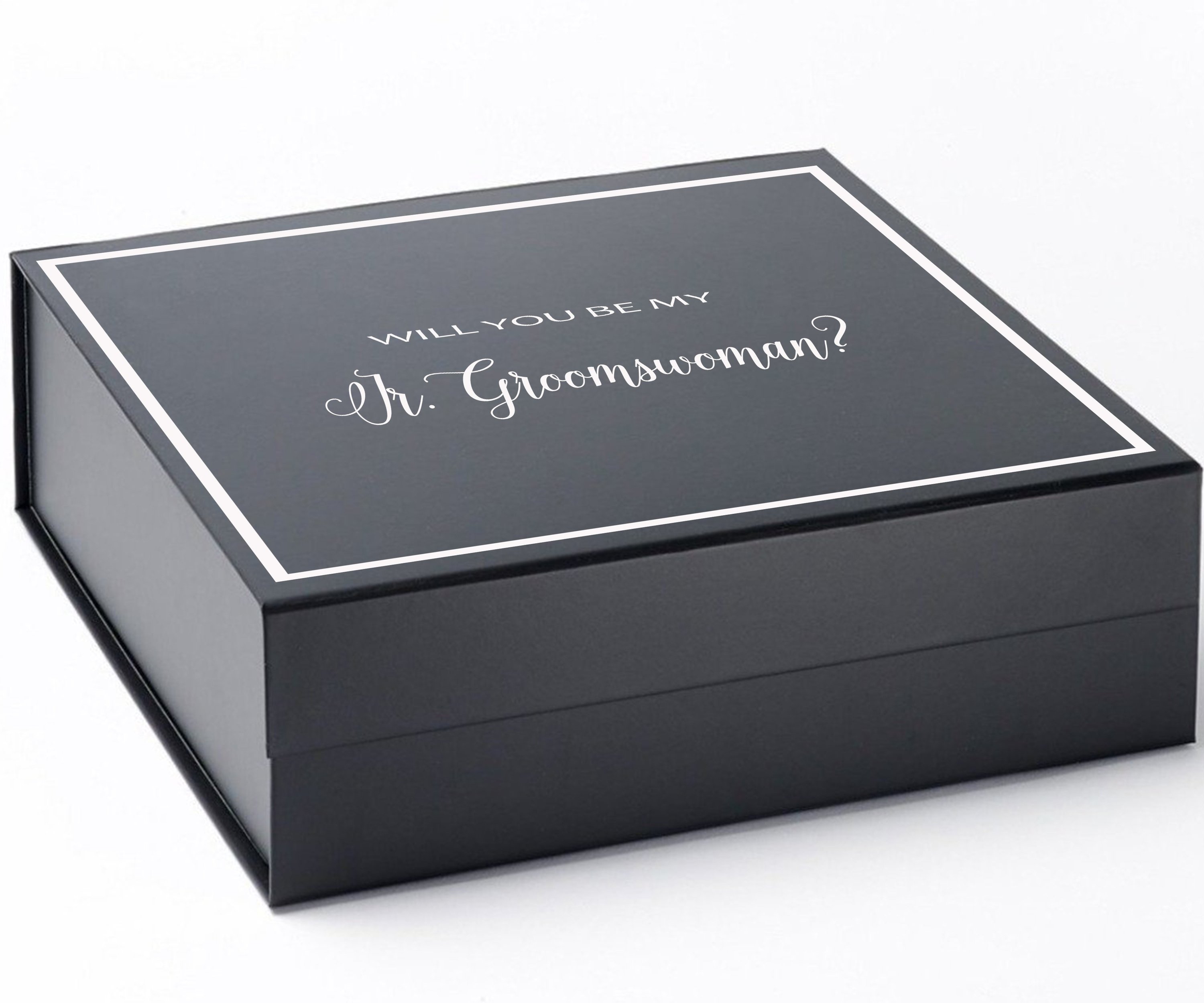 Elegant black proposal box with metallic writing asking 'Will You Be My Jr Groomswoman?' showcasing a luxurious design.