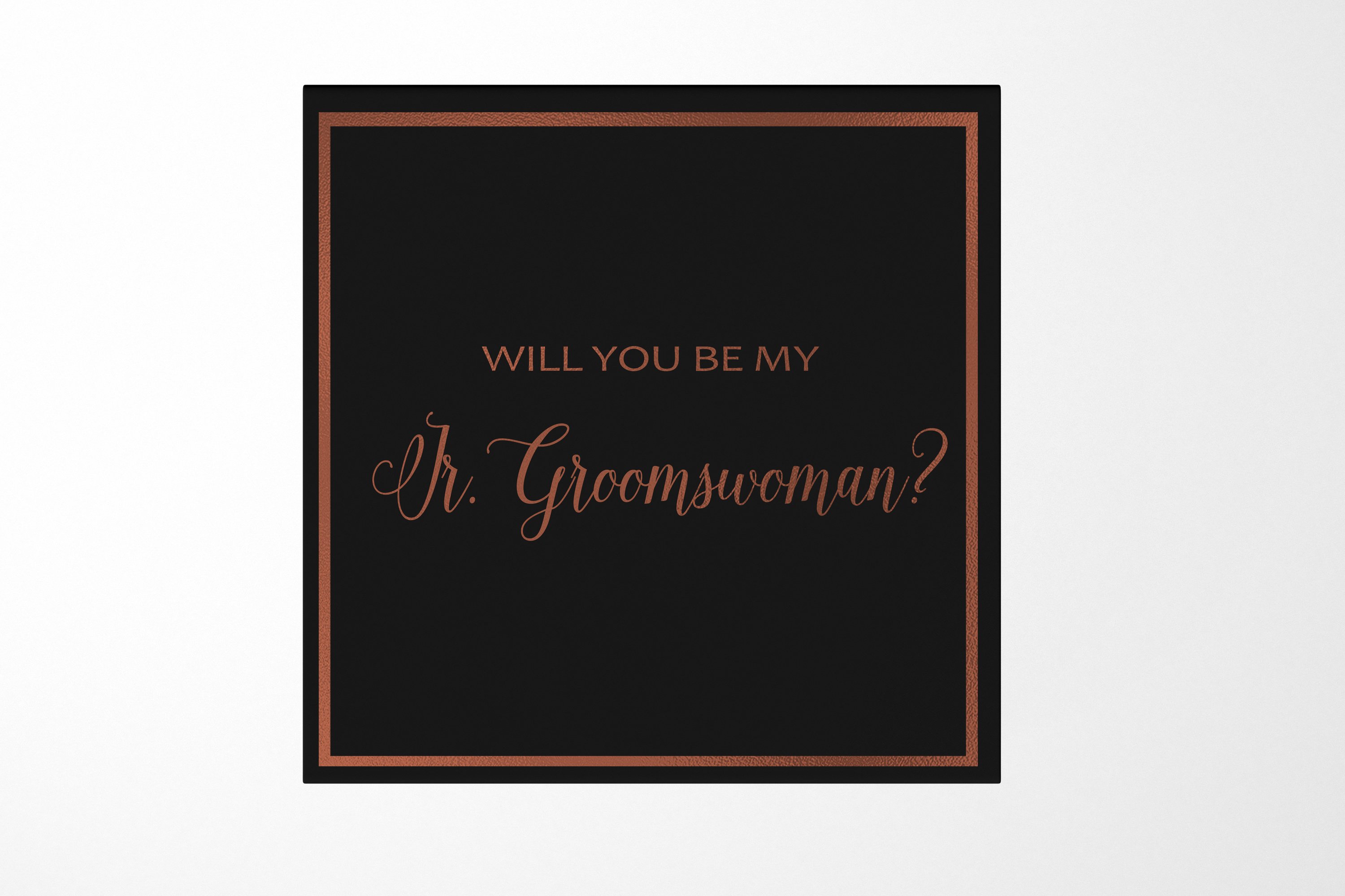 Elegant black proposal box with metallic writing asking 'Will You Be My Jr Groomswoman?' showcasing a luxurious design.