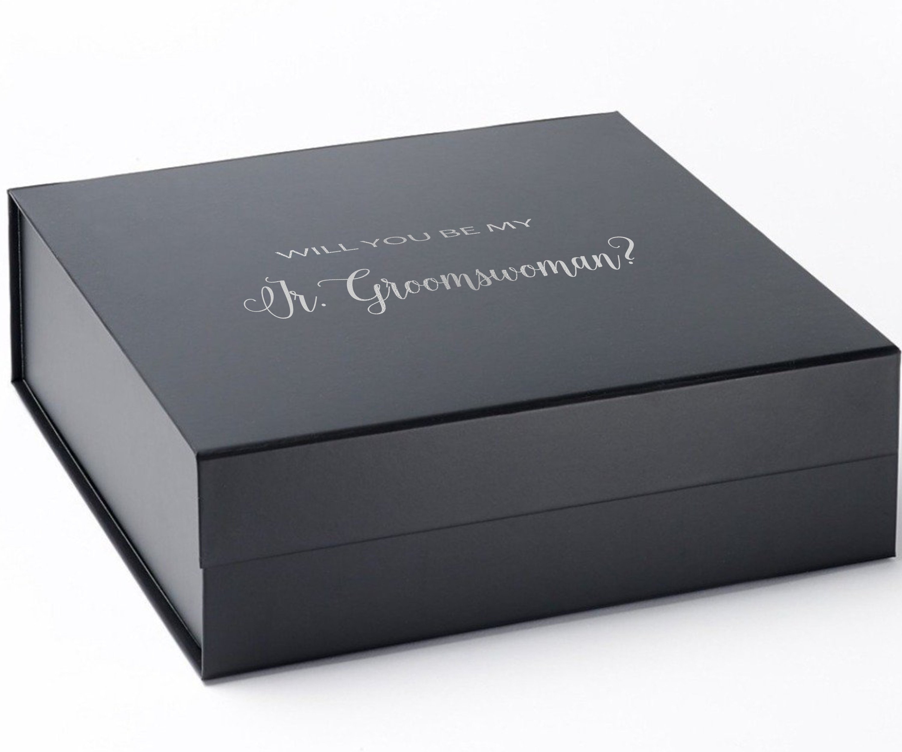 Elegant black proposal box with metallic writing, designed for Jr Groomswoman invitation.