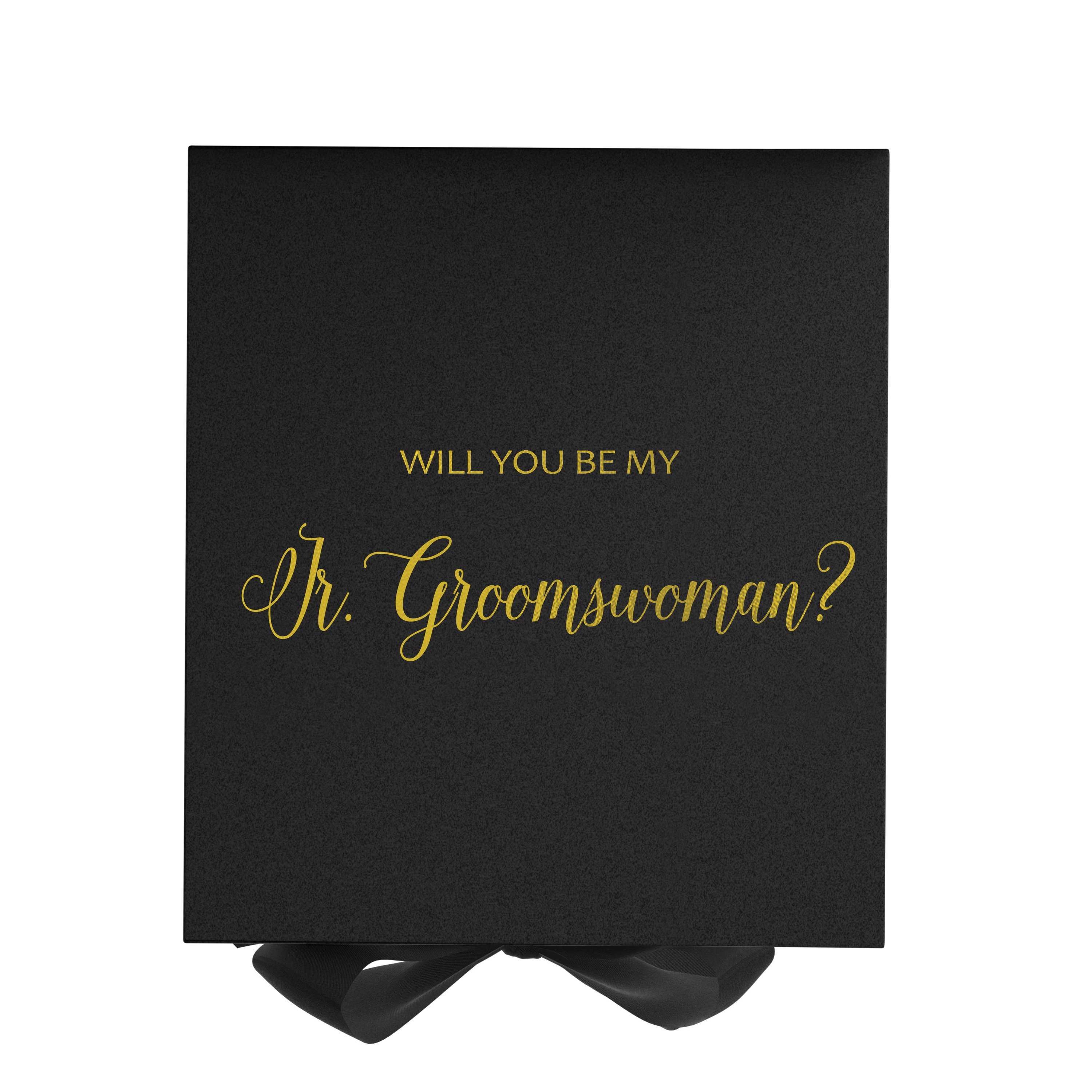 Elegant black proposal box with metallic writing for Jr Groomswoman, featuring a luxurious finish and a black bow.