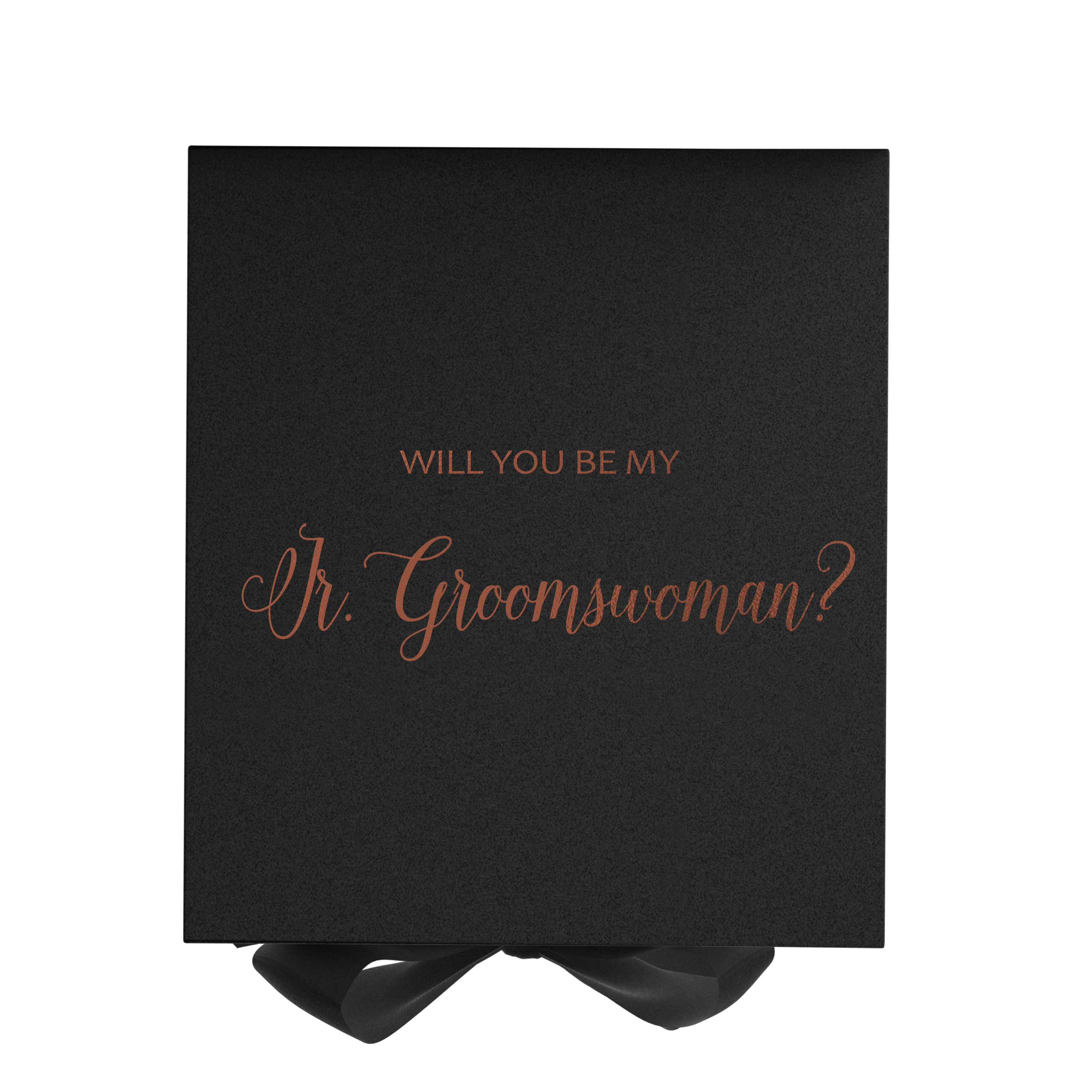 Elegant black proposal box with metallic writing for Jr Groomswoman, featuring a luxurious finish and a black bow.