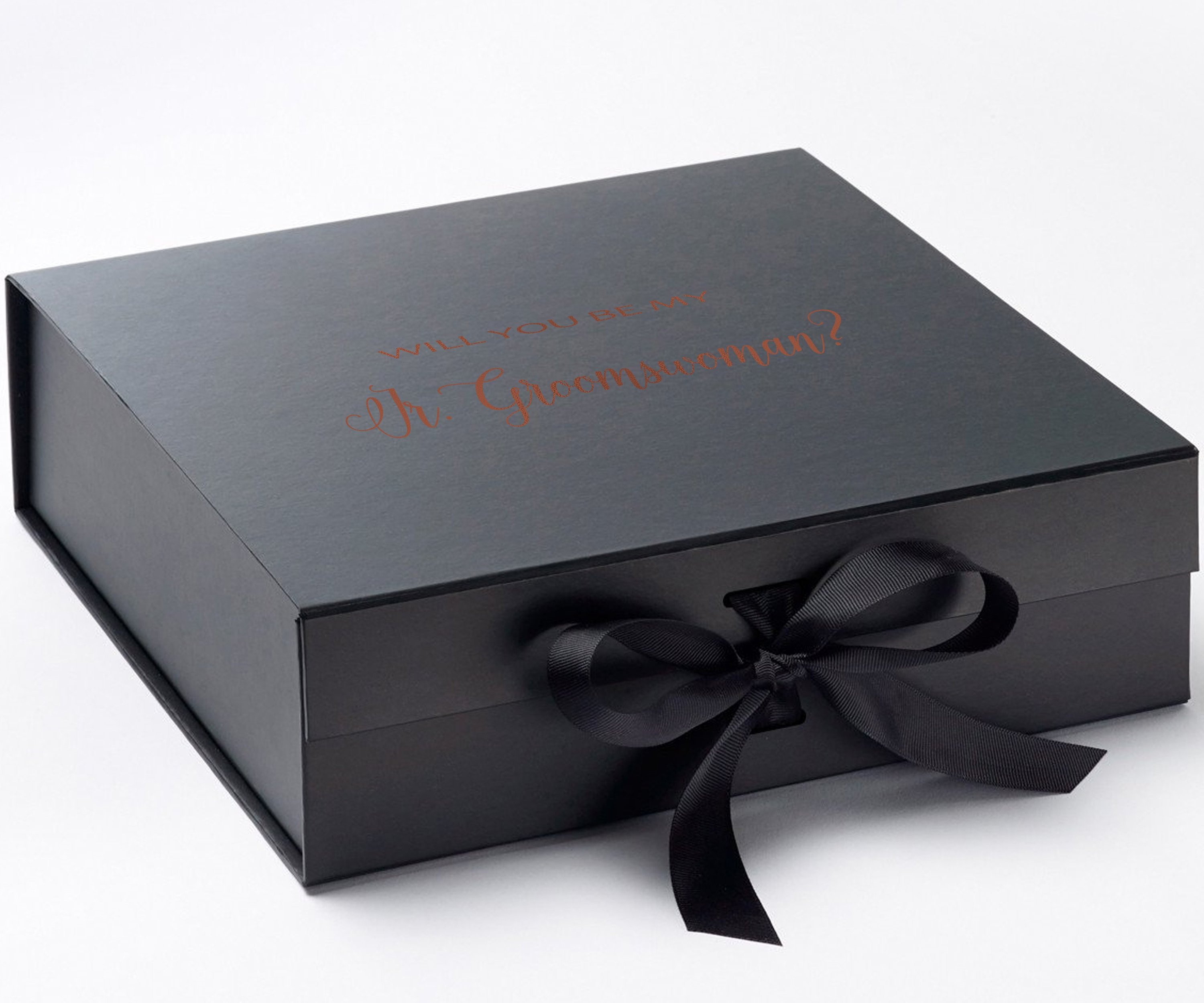 Elegant black proposal box with metallic writing for Jr Groomswoman, featuring a luxurious finish and a black bow.