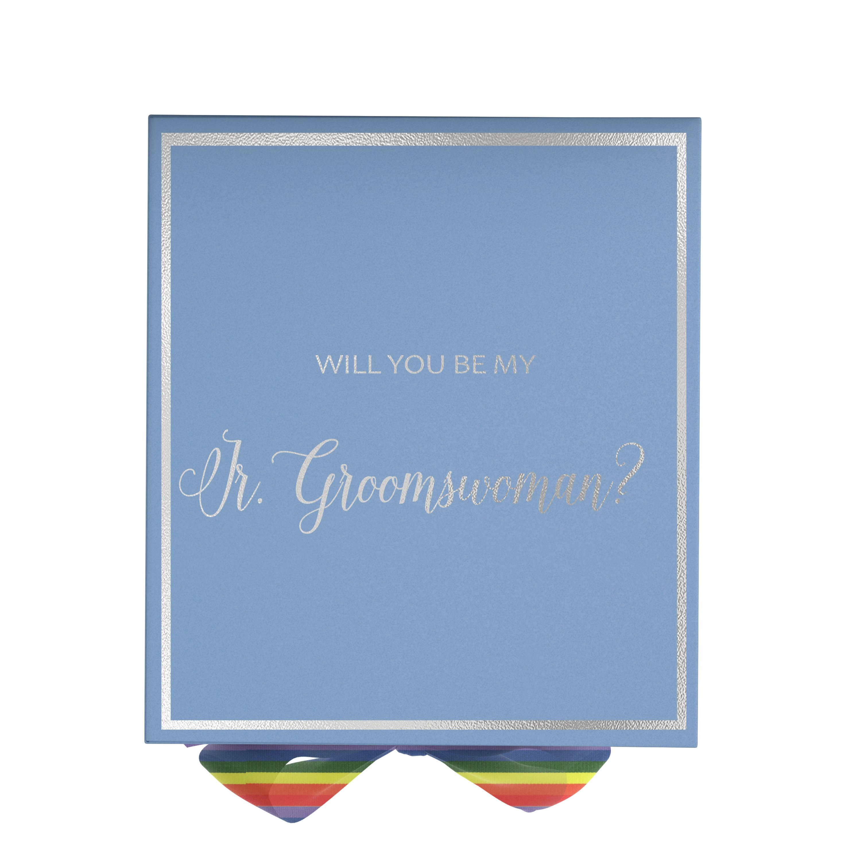 Light blue proposal box with metallic writing and rainbow bow, perfect for asking a Jr Groomswoman.