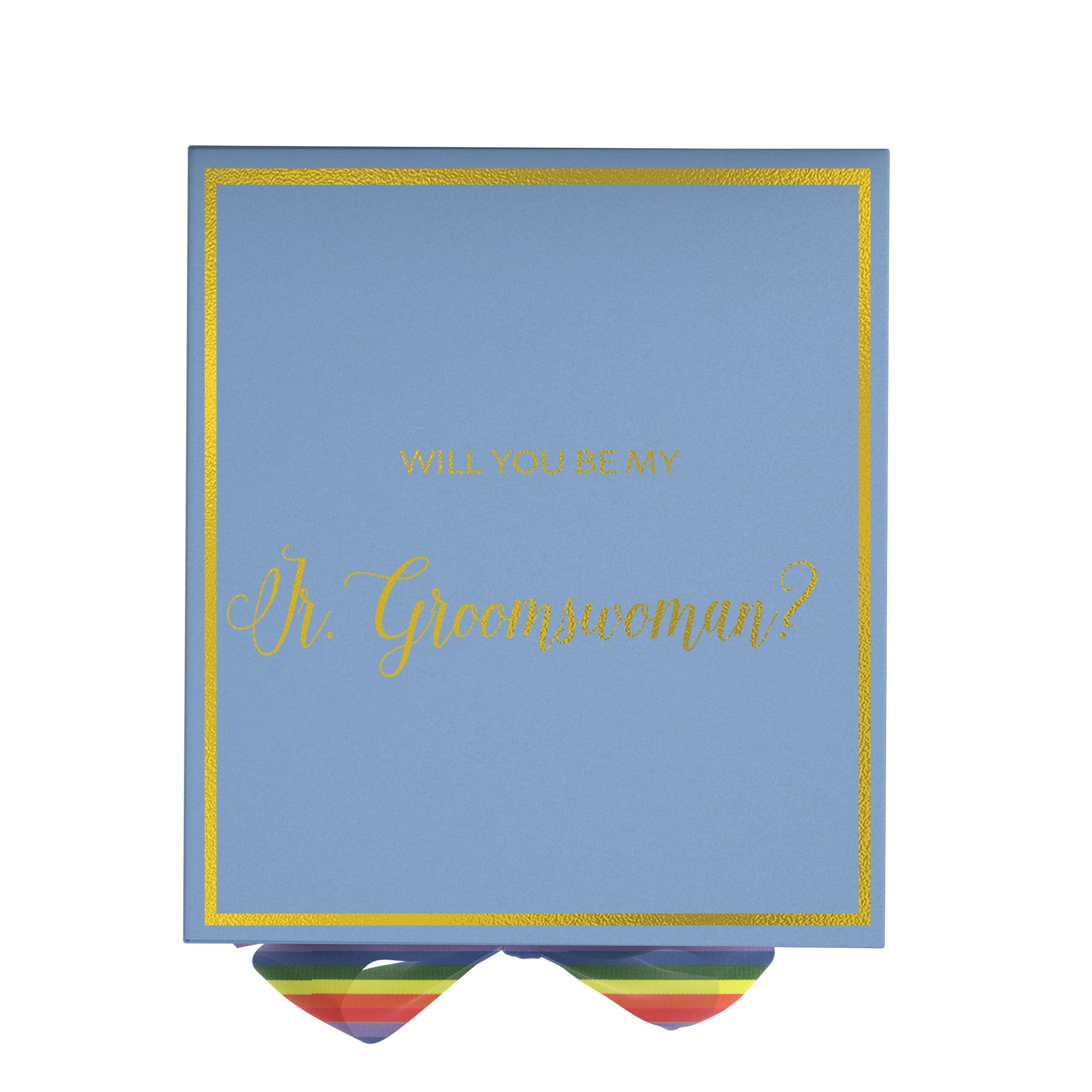 Light blue proposal box with metallic writing and rainbow bow, perfect for asking a Jr Groomswoman.