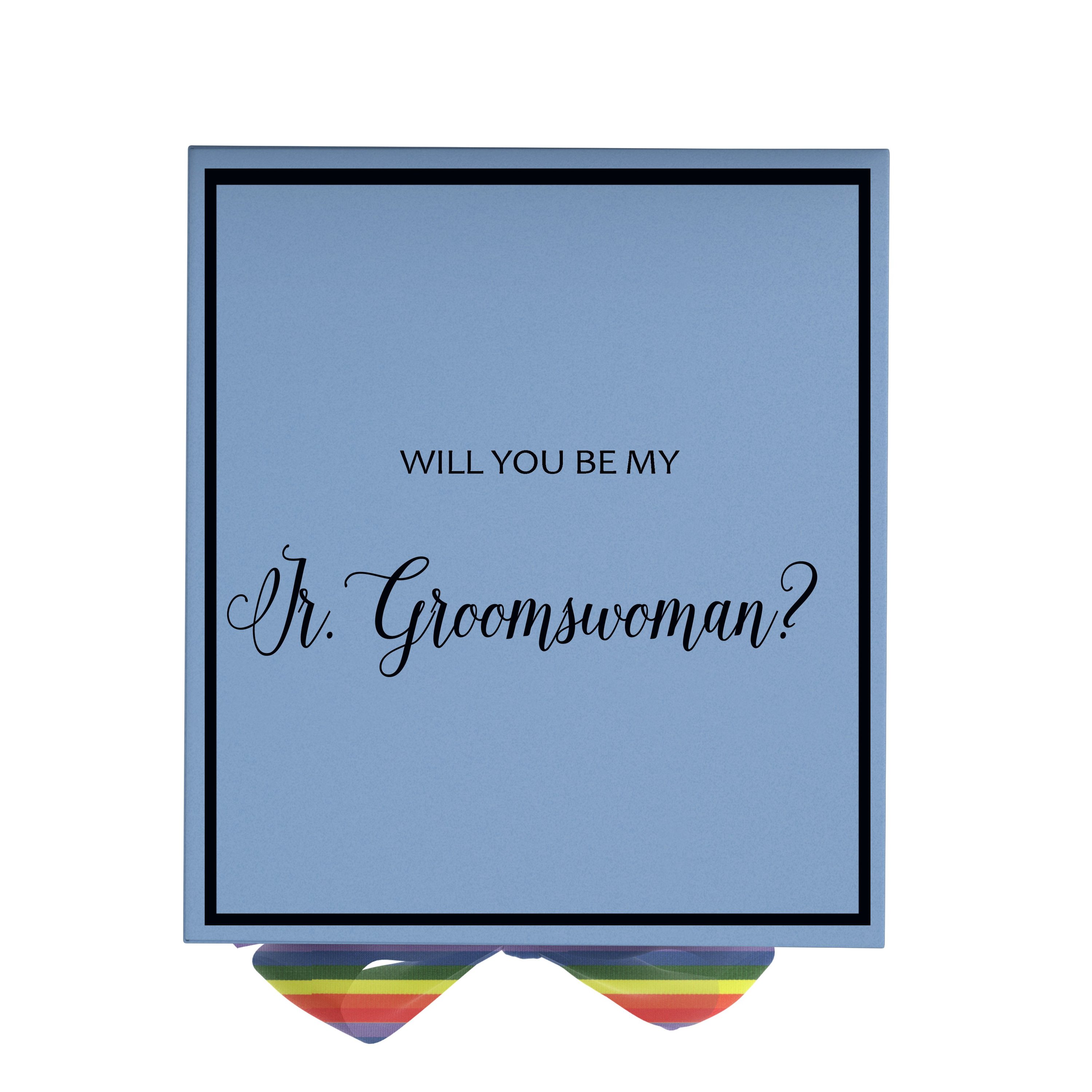Light blue proposal box with metallic writing and rainbow bow, perfect for asking a Jr Groomswoman.
