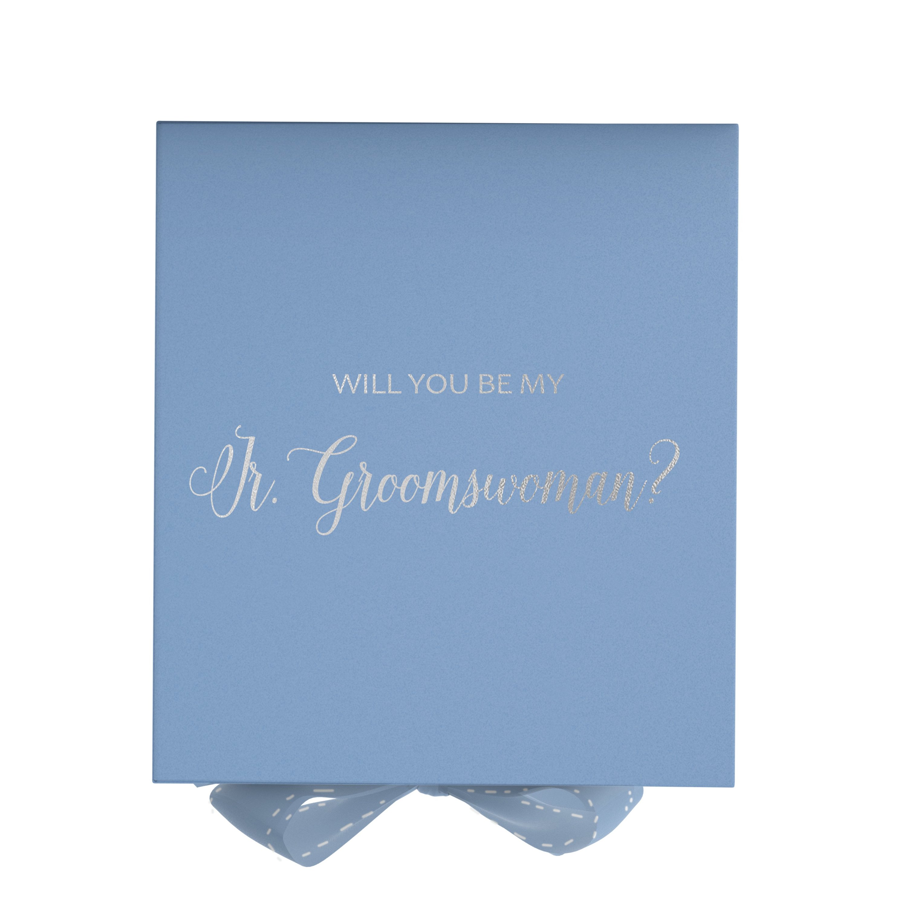 Light blue proposal box with metallic writing, featuring a bow and a luxurious finish, perfect for asking a Jr Groomswoman.