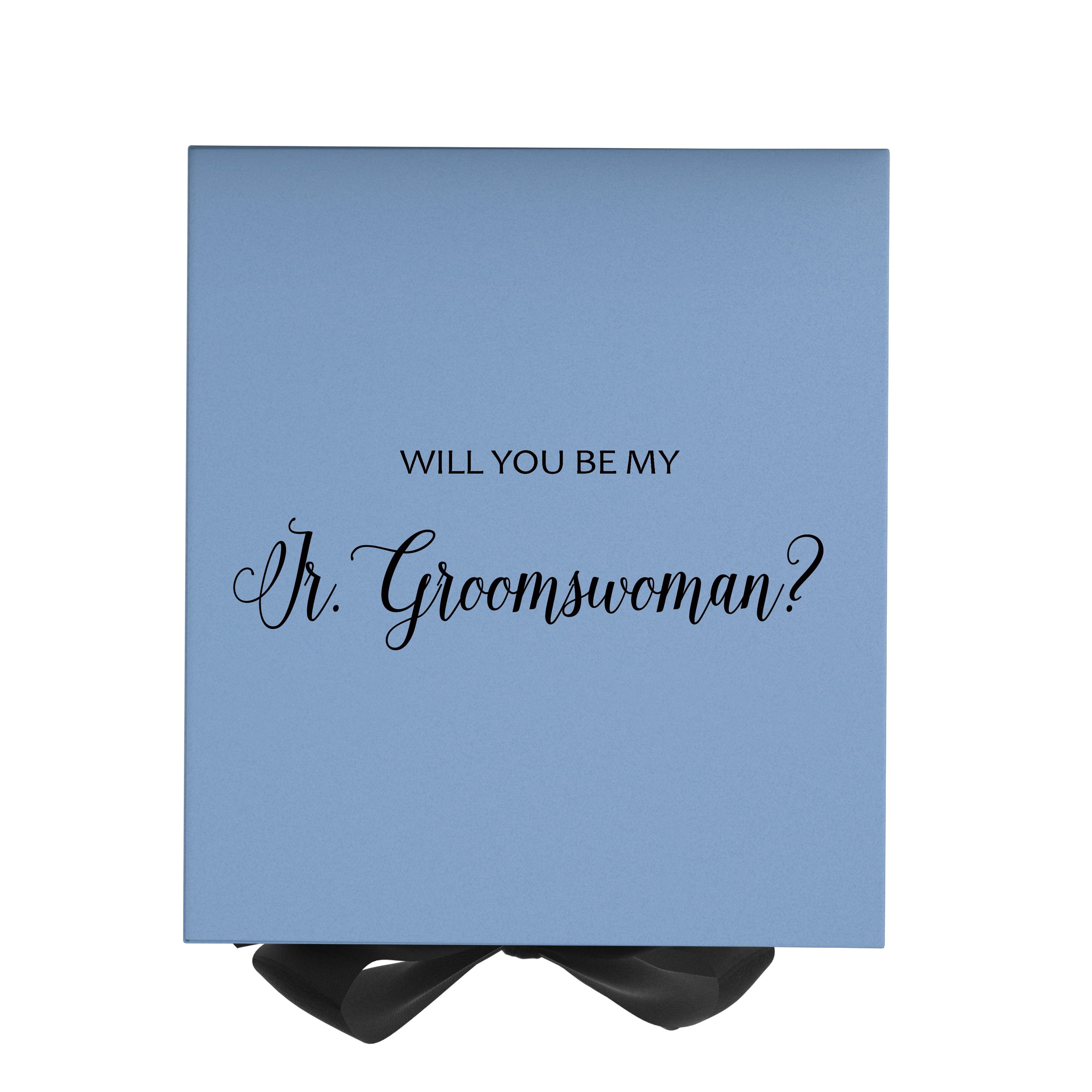 Light blue proposal box with black bow and metallic writing, perfect for asking a Jr Groomswoman.