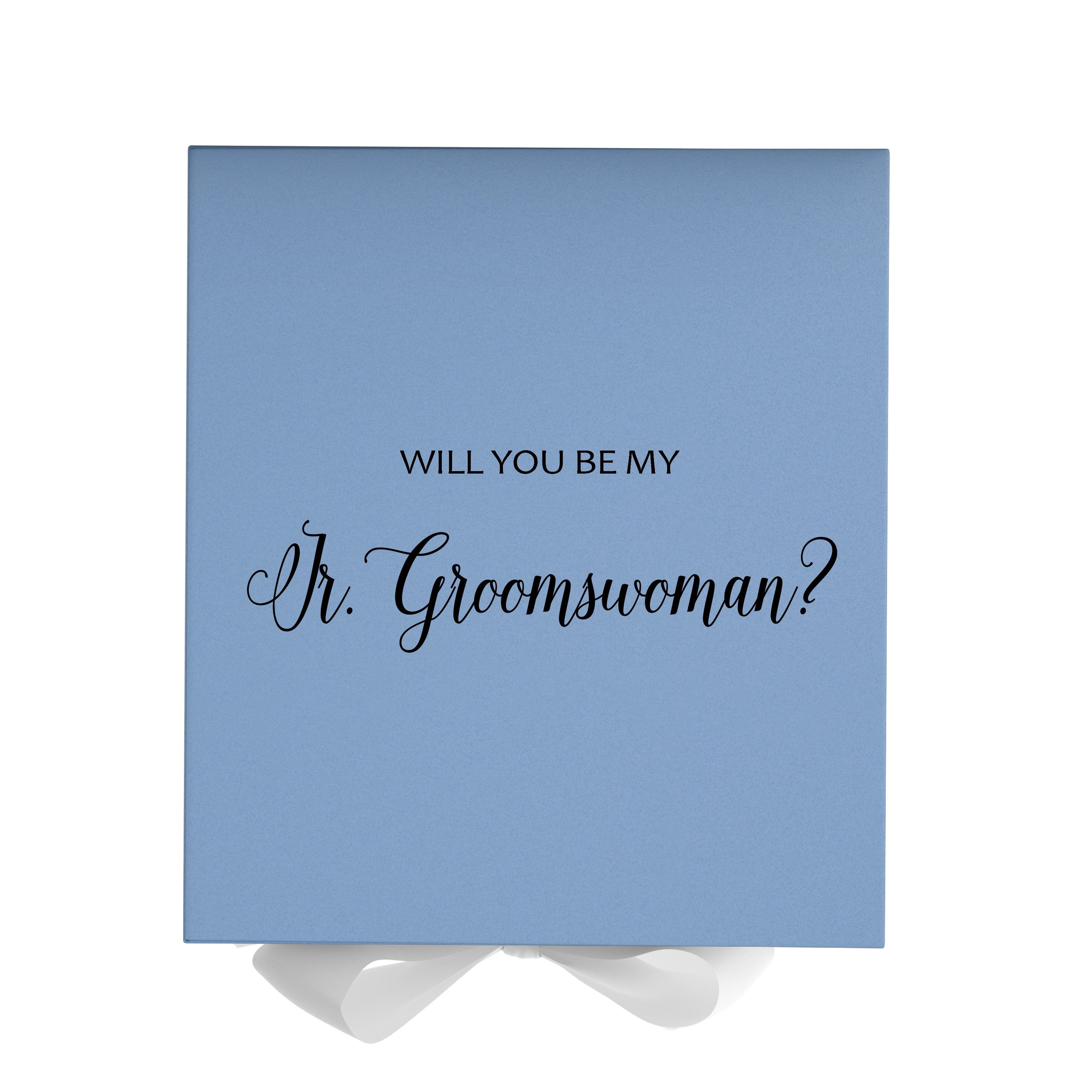 Light blue proposal box with white bow and metallic writing, perfect for asking a Jr Groomswoman.