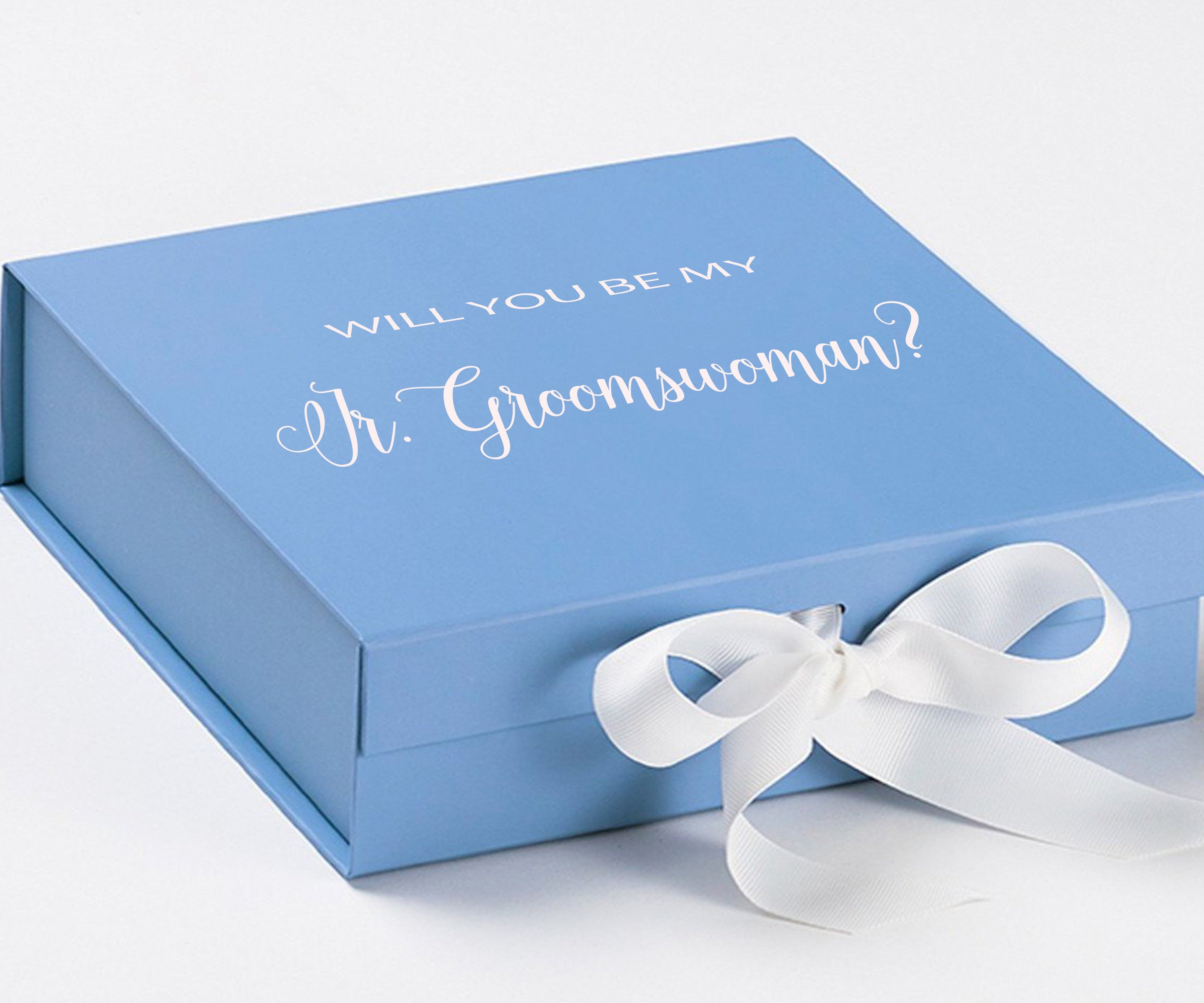 Light blue proposal box with white bow and metallic writing, perfect for asking a Jr Groomswoman.