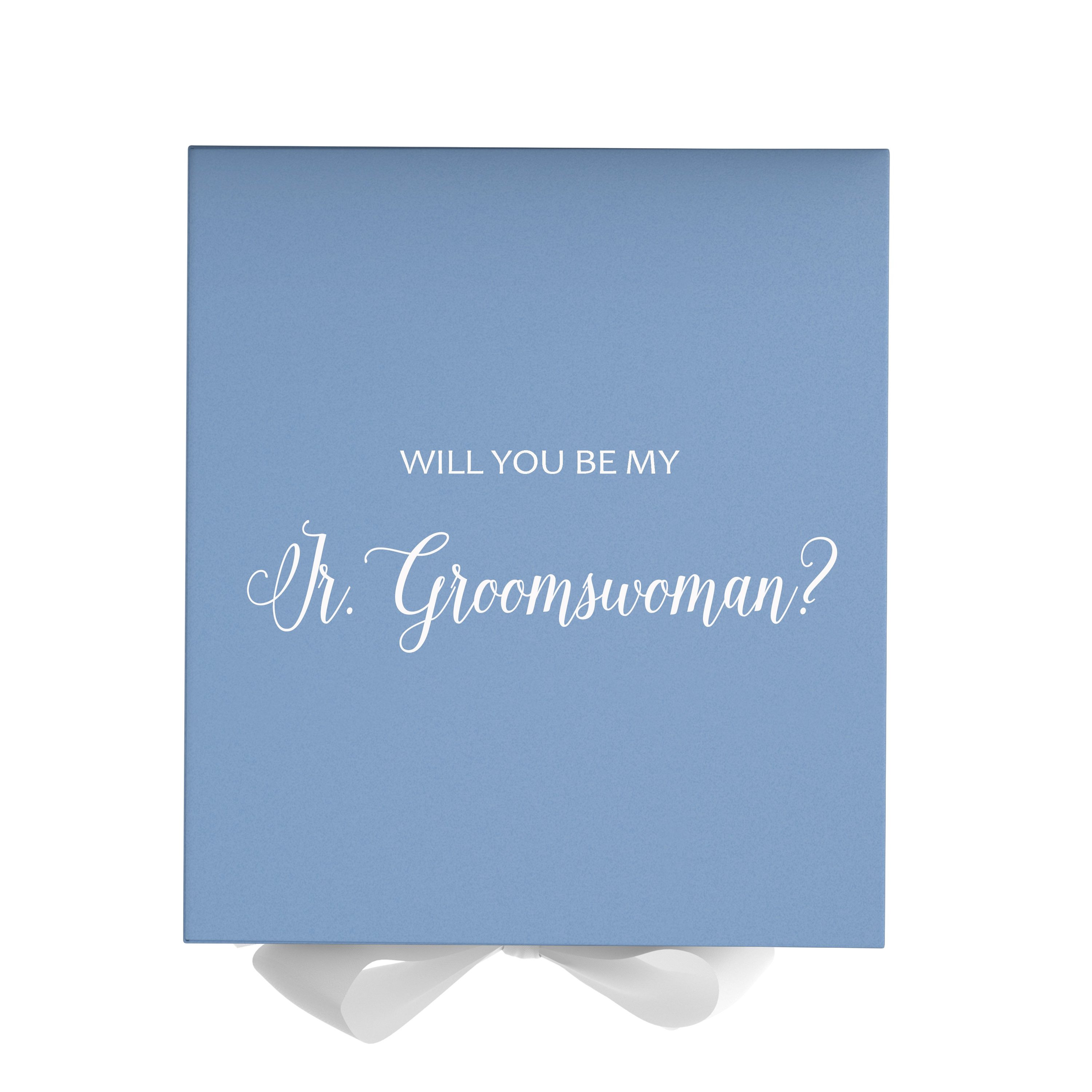 Light blue proposal box with white bow and metallic writing, perfect for asking a Jr Groomswoman.
