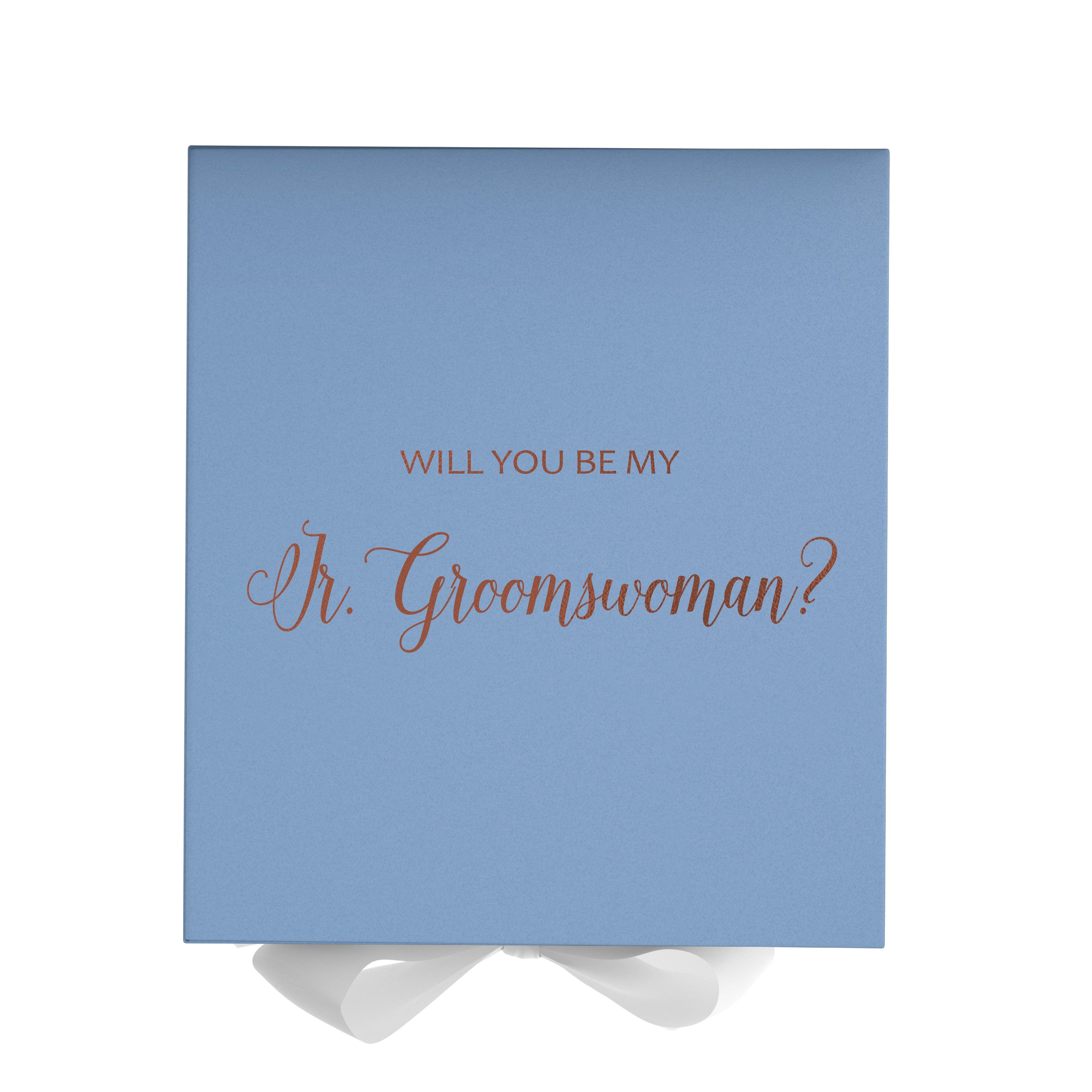 Light blue proposal box with white bow and metallic writing, perfect for asking a Jr Groomswoman.