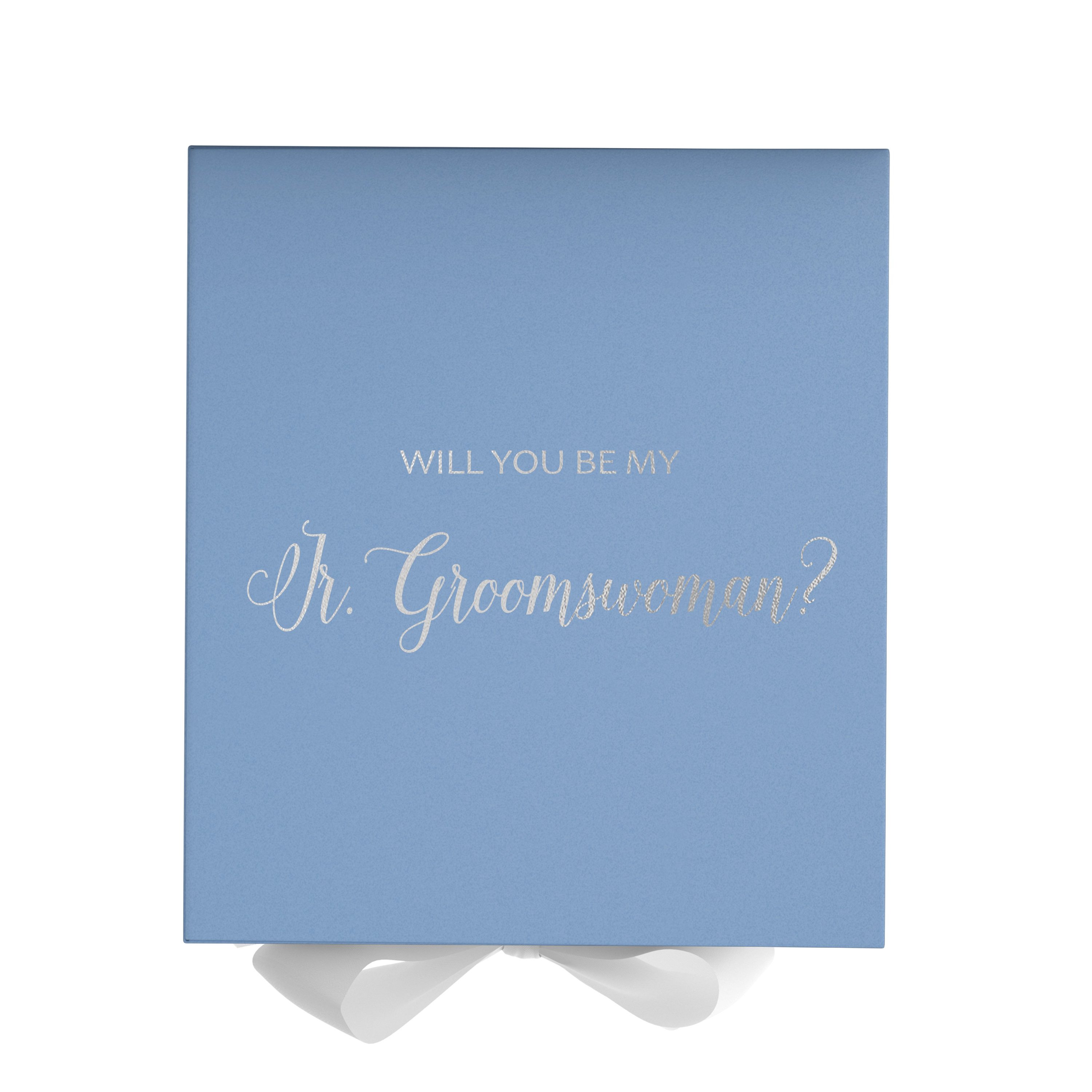 Light blue proposal box with white bow and metallic writing, perfect for asking a Jr Groomswoman.