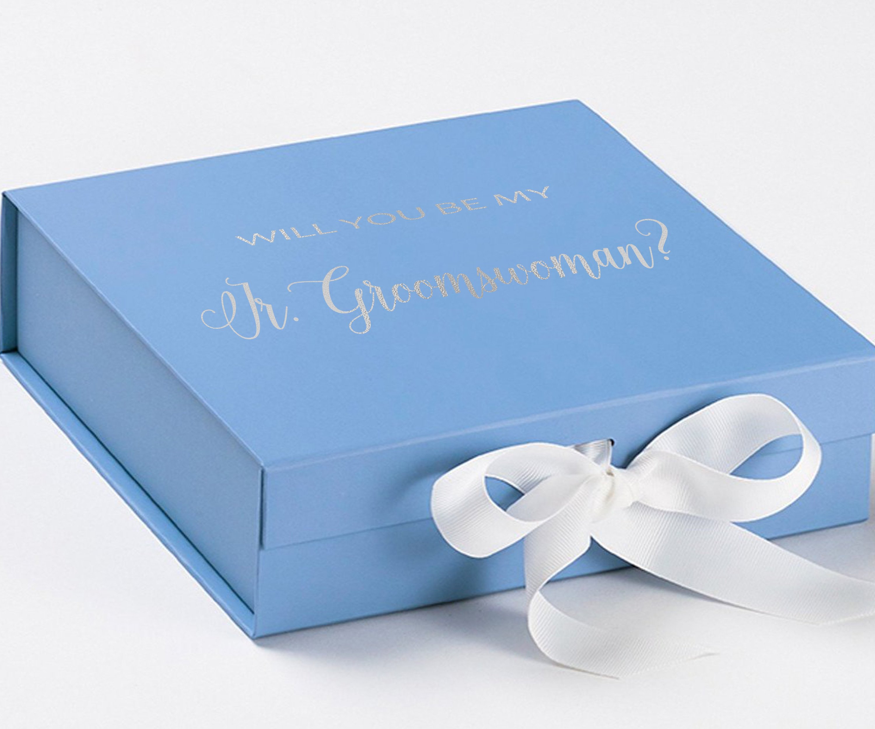 Light blue proposal box with white bow and metallic writing, perfect for asking a Jr Groomswoman.
