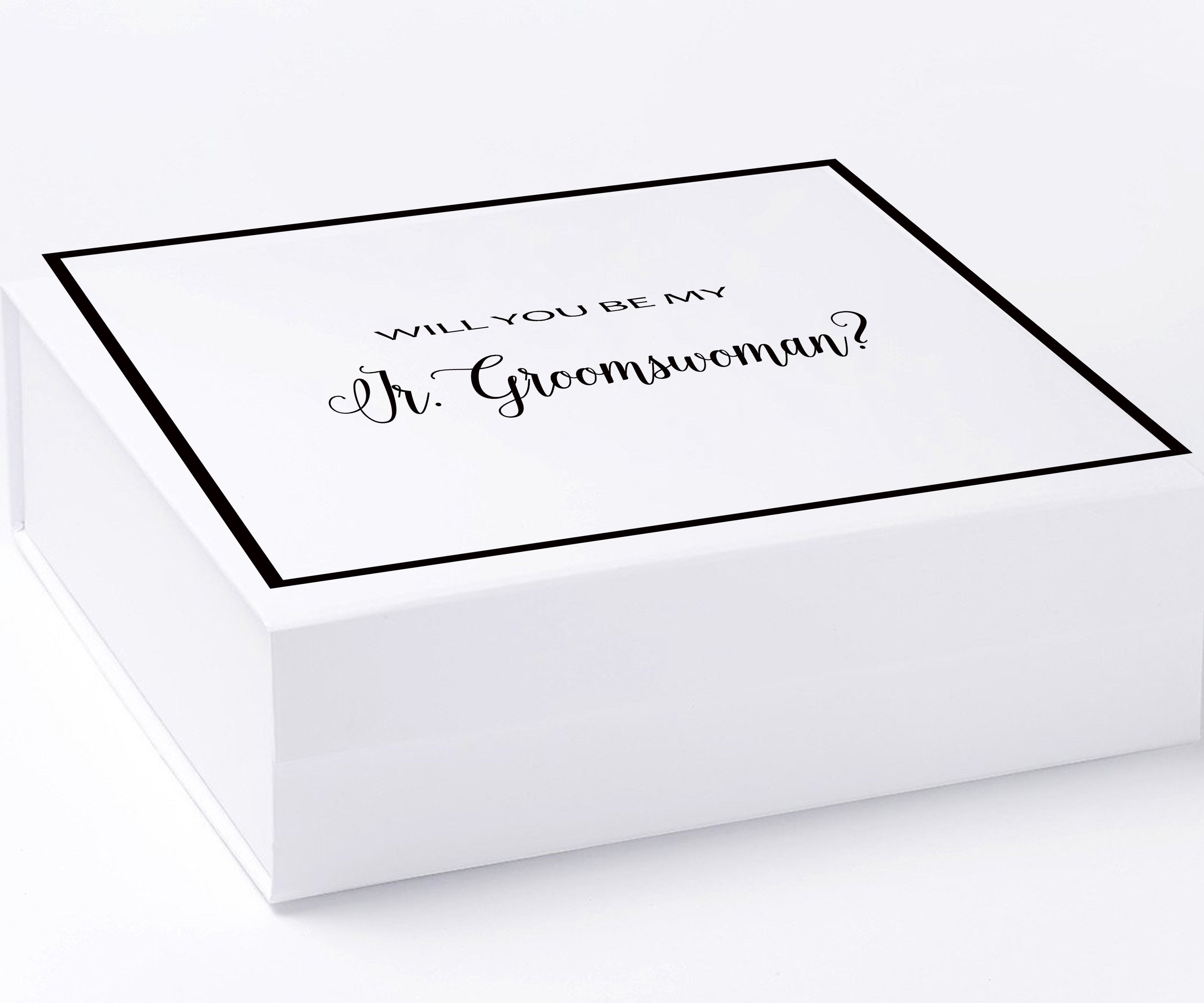 Elegant white proposal box with metallic writing for Jr Groomswoman invitation, showcasing its sleek design and quality finish.