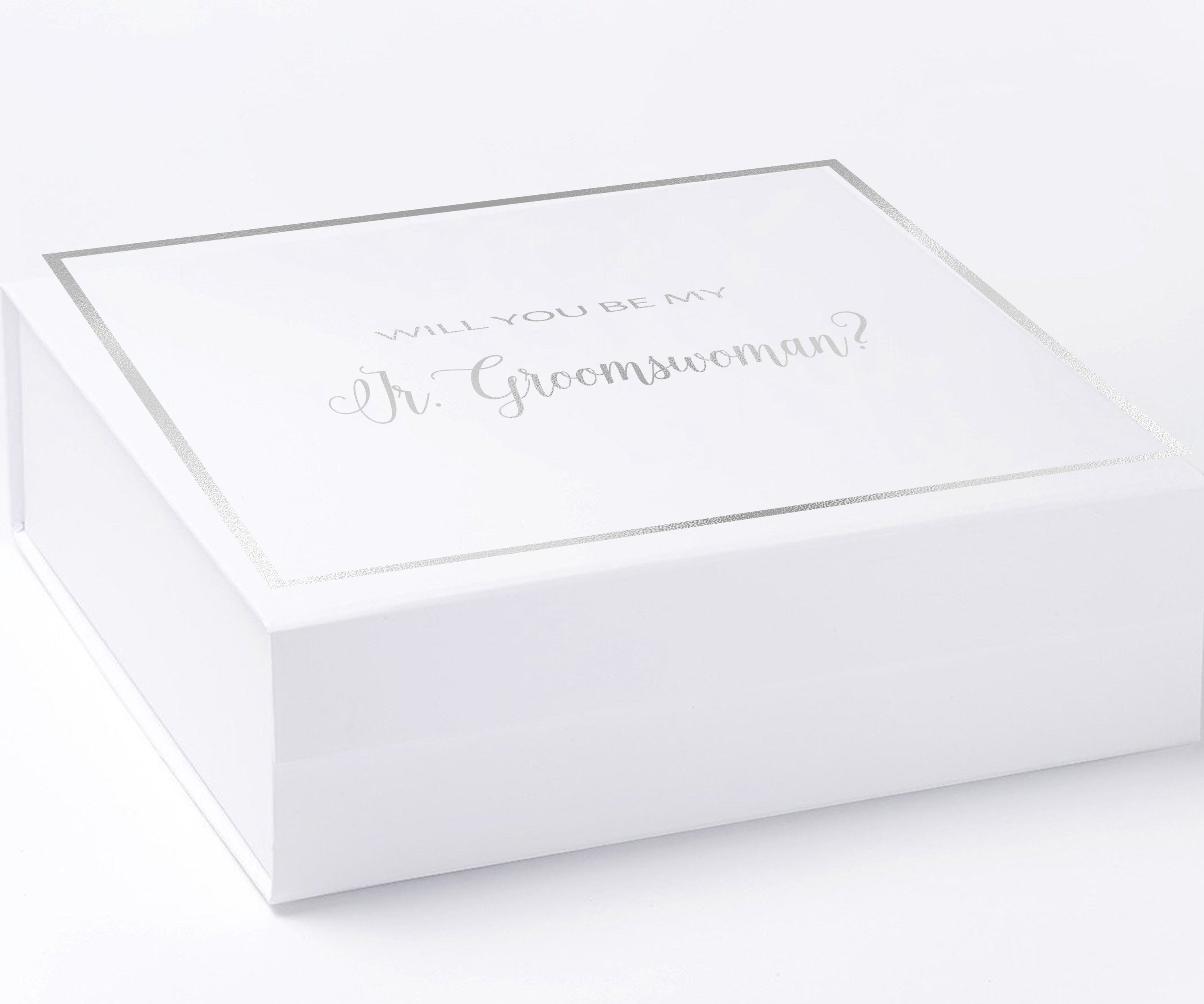 Elegant white proposal box with metallic writing for Jr Groomswoman invitation, showcasing its sleek design and quality finish.