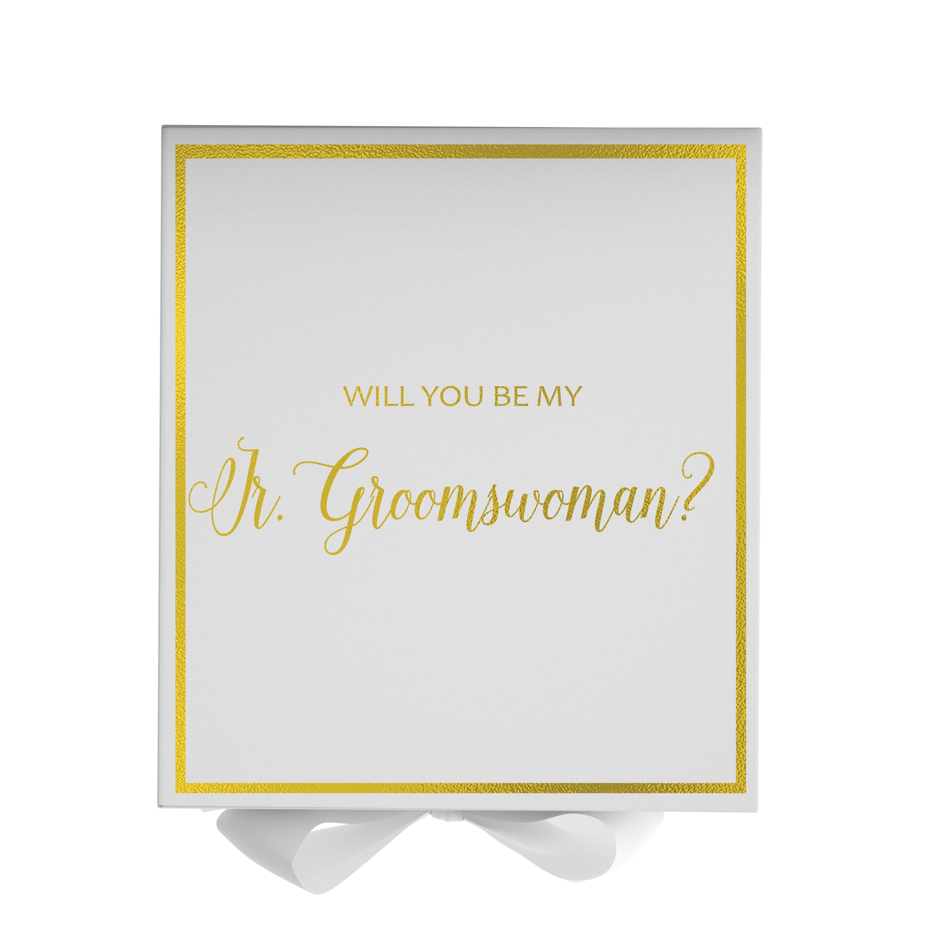 Elegant white proposal box with metallic writing and a bow, designed for asking a Jr Groomswoman.