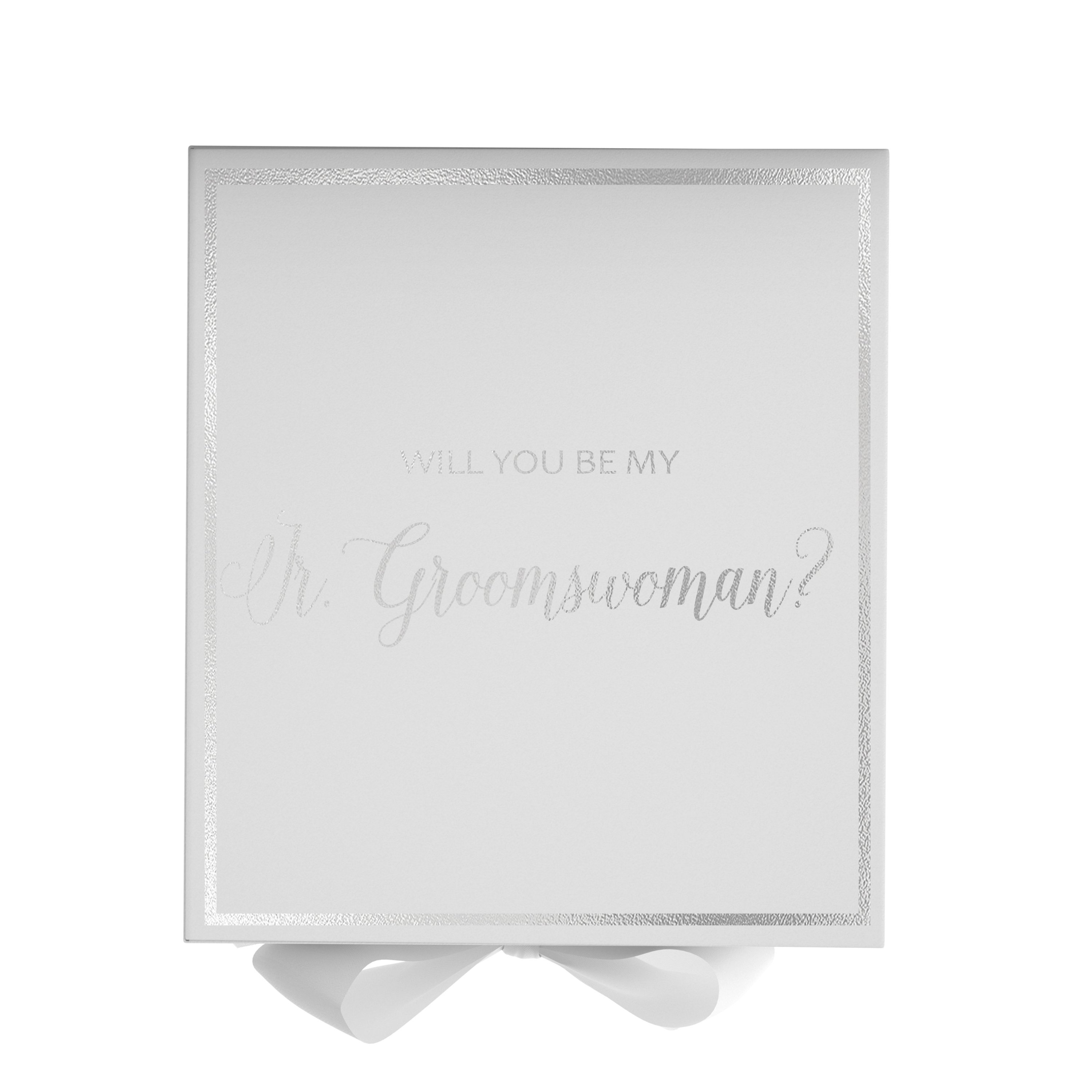 Elegant white proposal box with metallic writing and a bow, designed for asking a Jr Groomswoman.