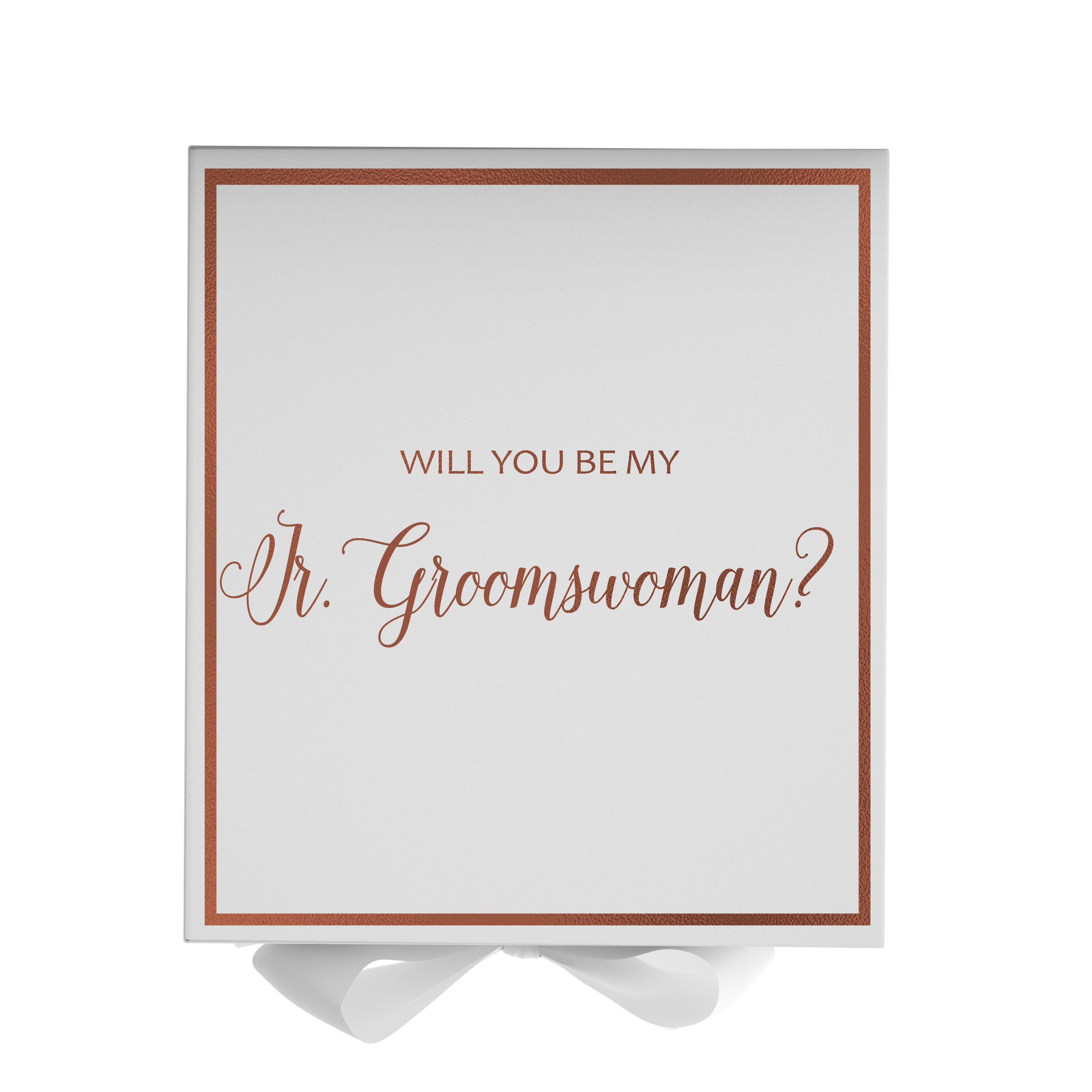Elegant white proposal box with metallic writing and a bow, designed for asking a Jr Groomswoman.