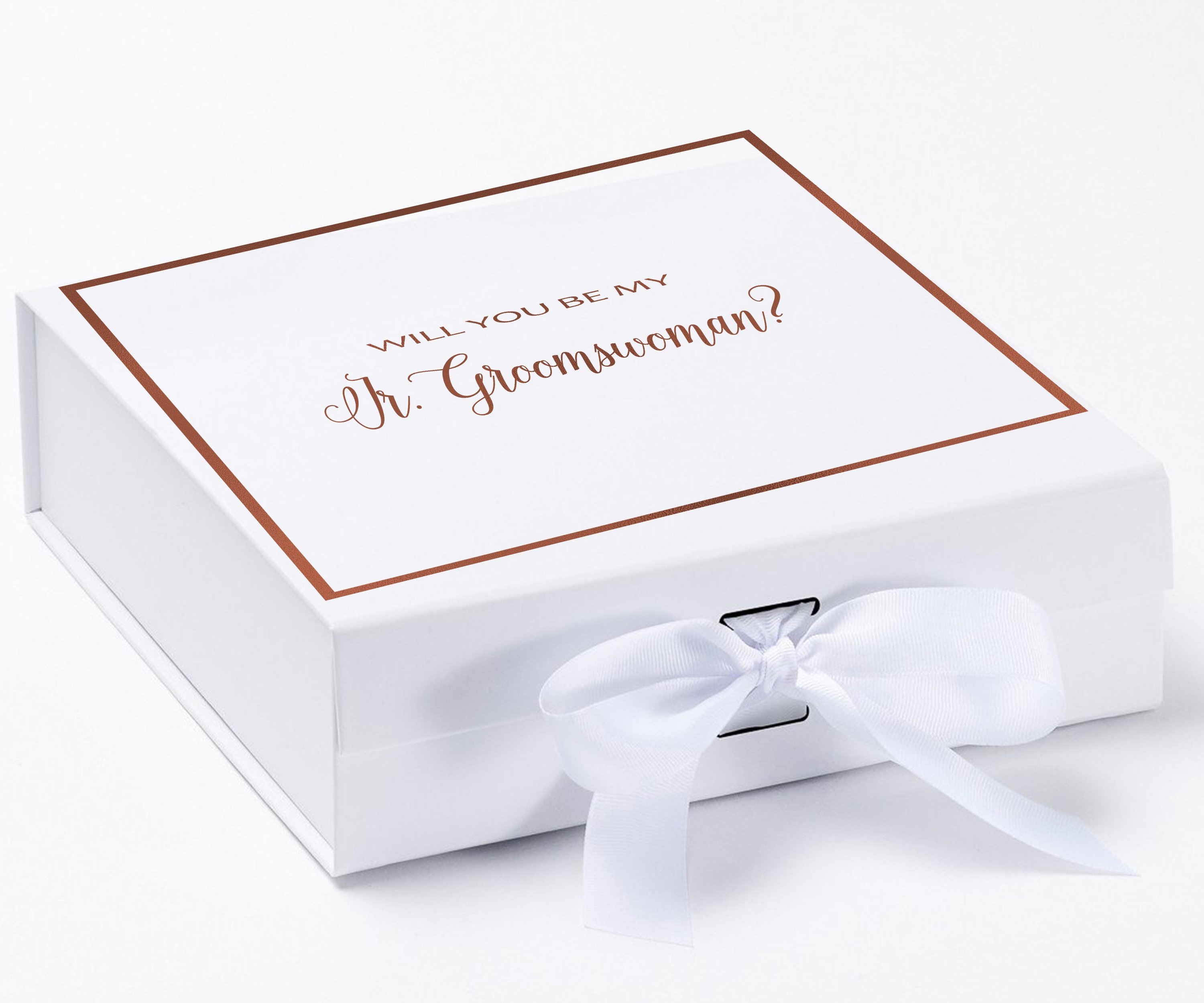 Elegant white proposal box with metallic writing and a bow, designed for asking a Jr Groomswoman.
