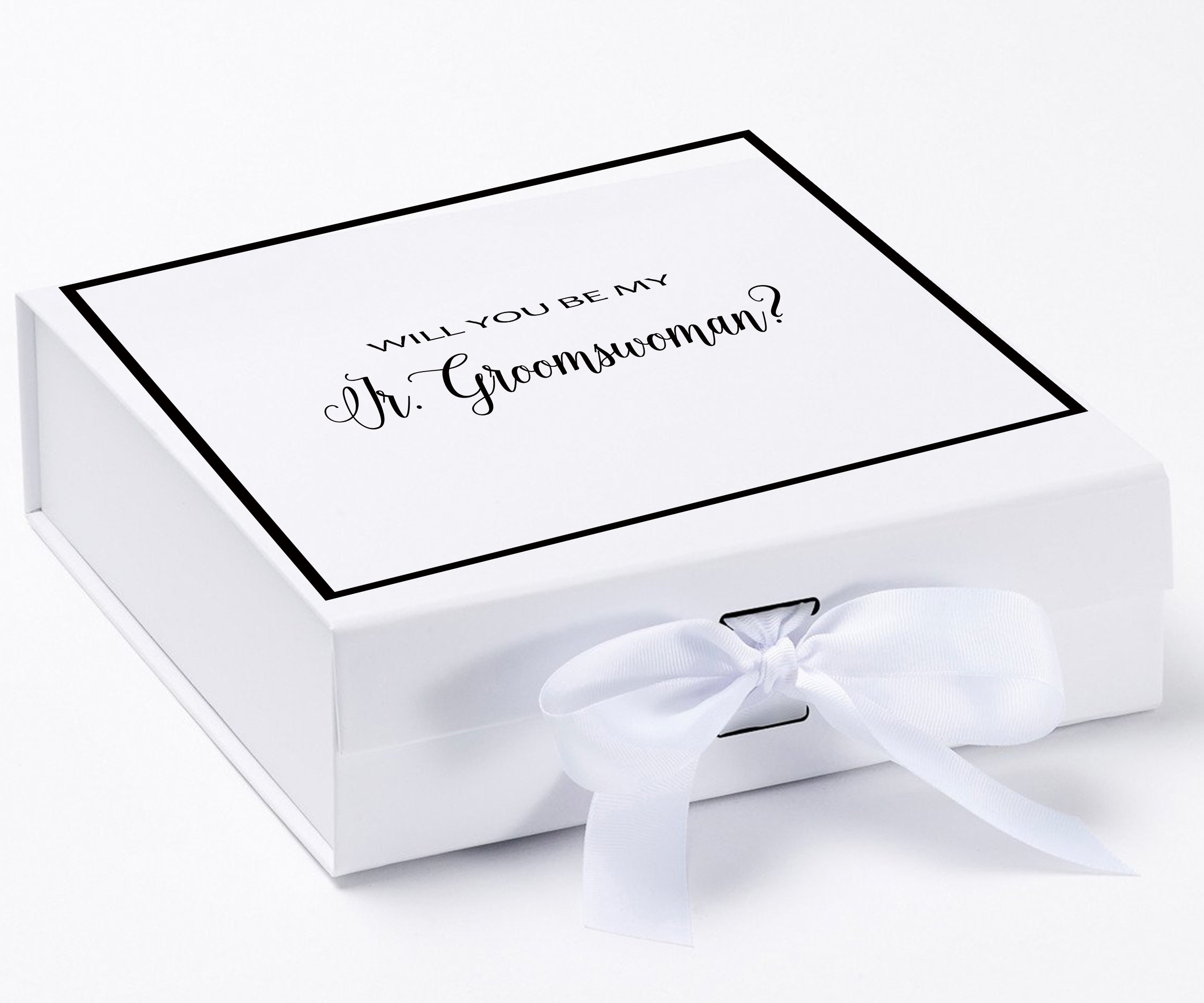 Elegant white proposal box with metallic writing and a bow, designed for asking a Jr Groomswoman.