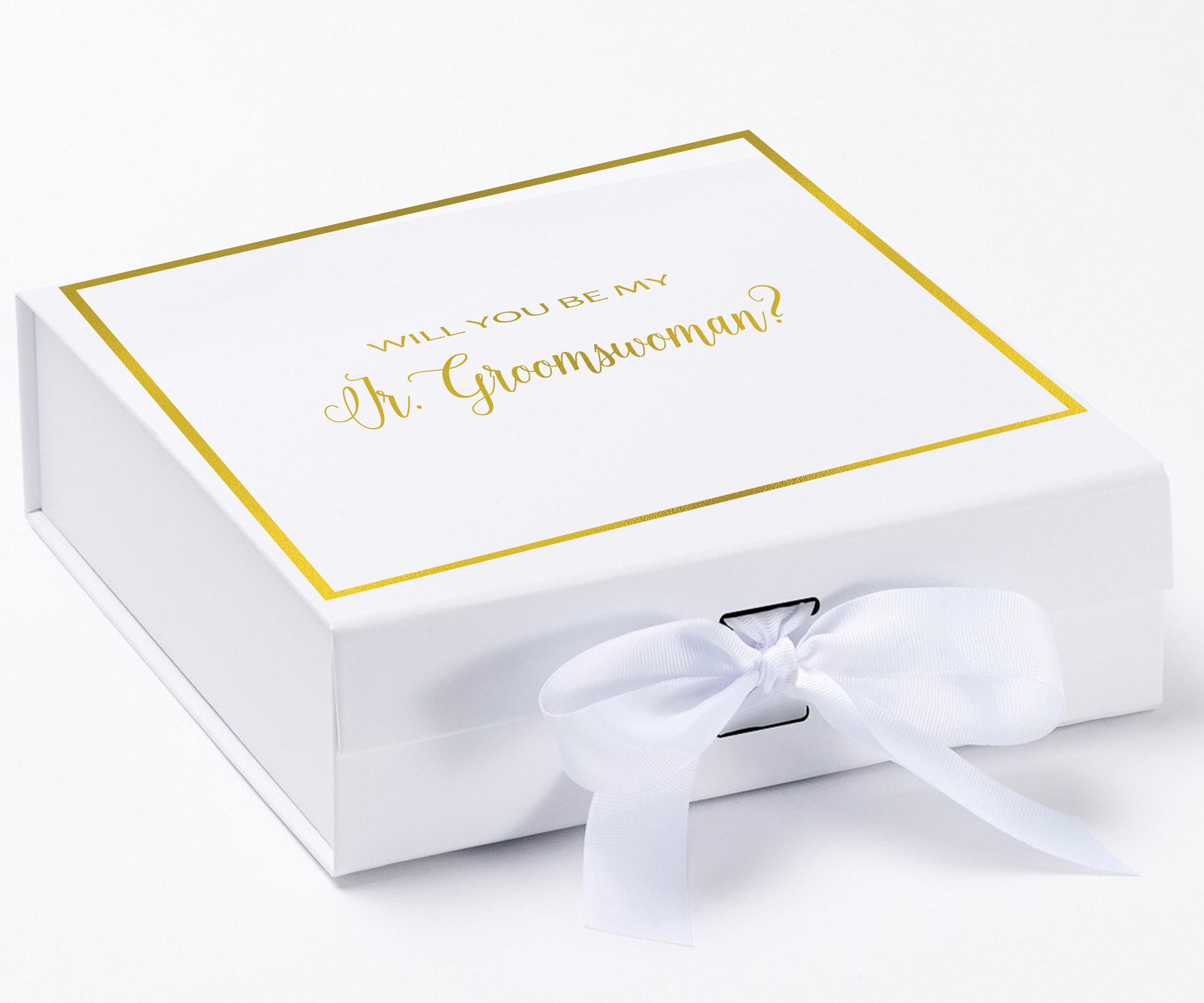 Elegant white proposal box with metallic writing and a bow, designed for asking a Jr Groomswoman.