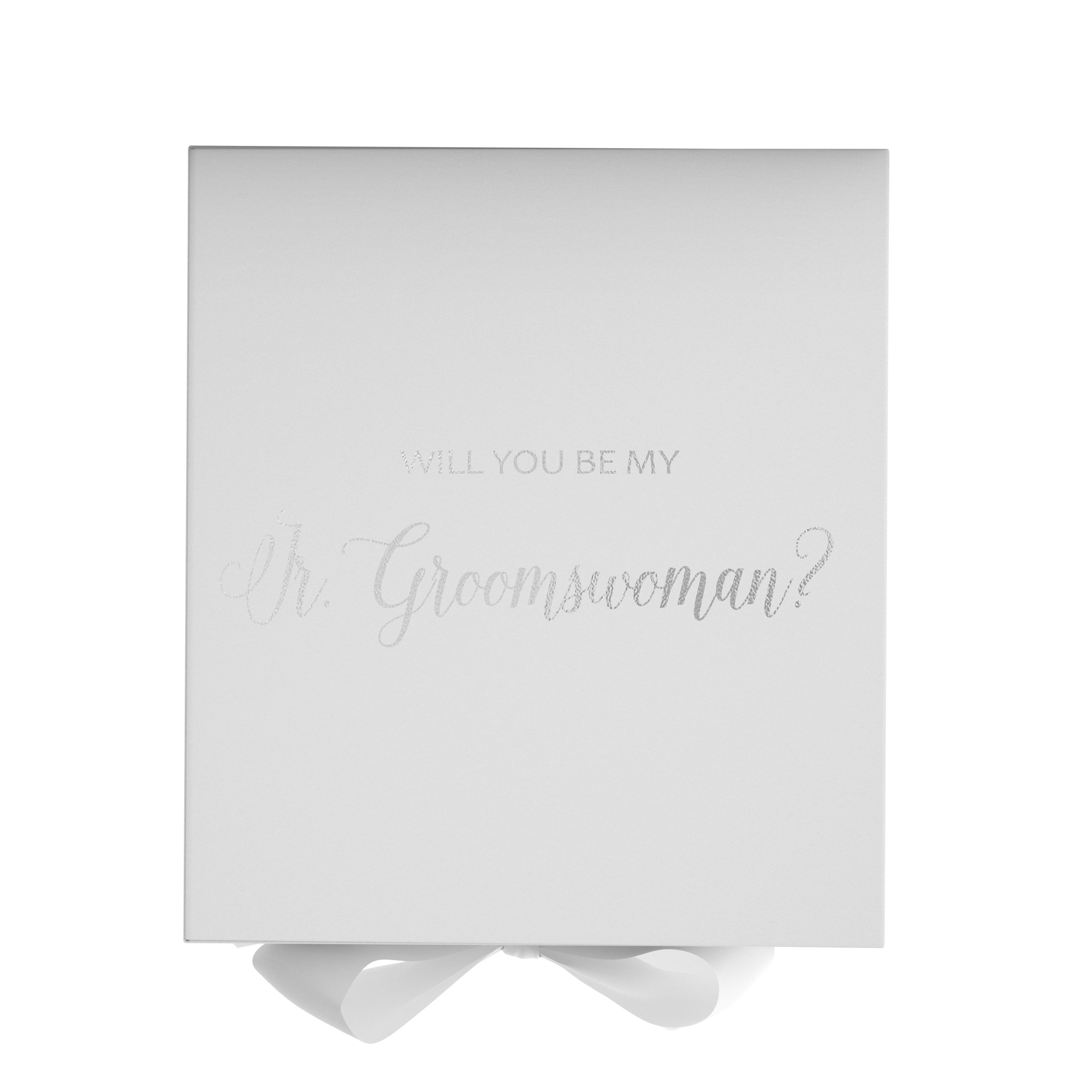 Elegant white proposal box with metallic writing, featuring a white bow, designed for asking a Jr Groomswoman.
